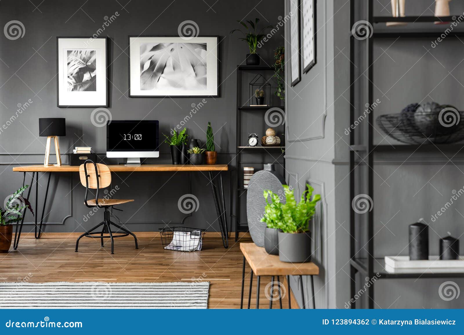 Grey Home Office Interior Plants Wooden Table Posters Above Desk Computer Monitor 123894362 