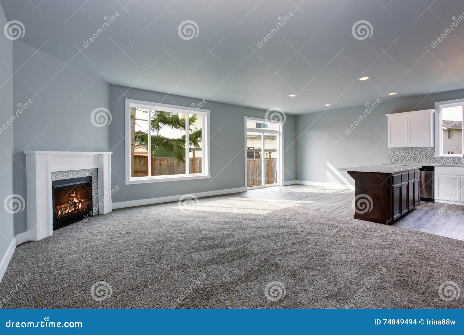 Grey House  Interior Of Living Room Connected With Kitchen 