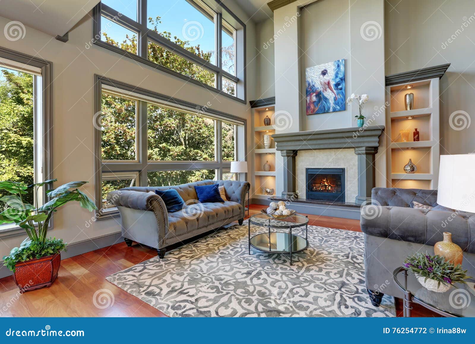 Grey Interior Of High Vaulted Ceiling Family Room Stock