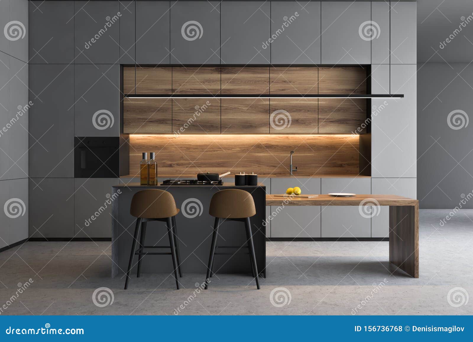 Grey Kitchen Interior With Bar Stock Illustration Illustration