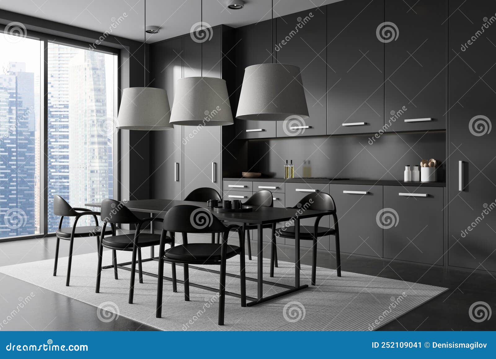 Grey Kitchen Interior with Eating Table and Chairs, Kitchenware and