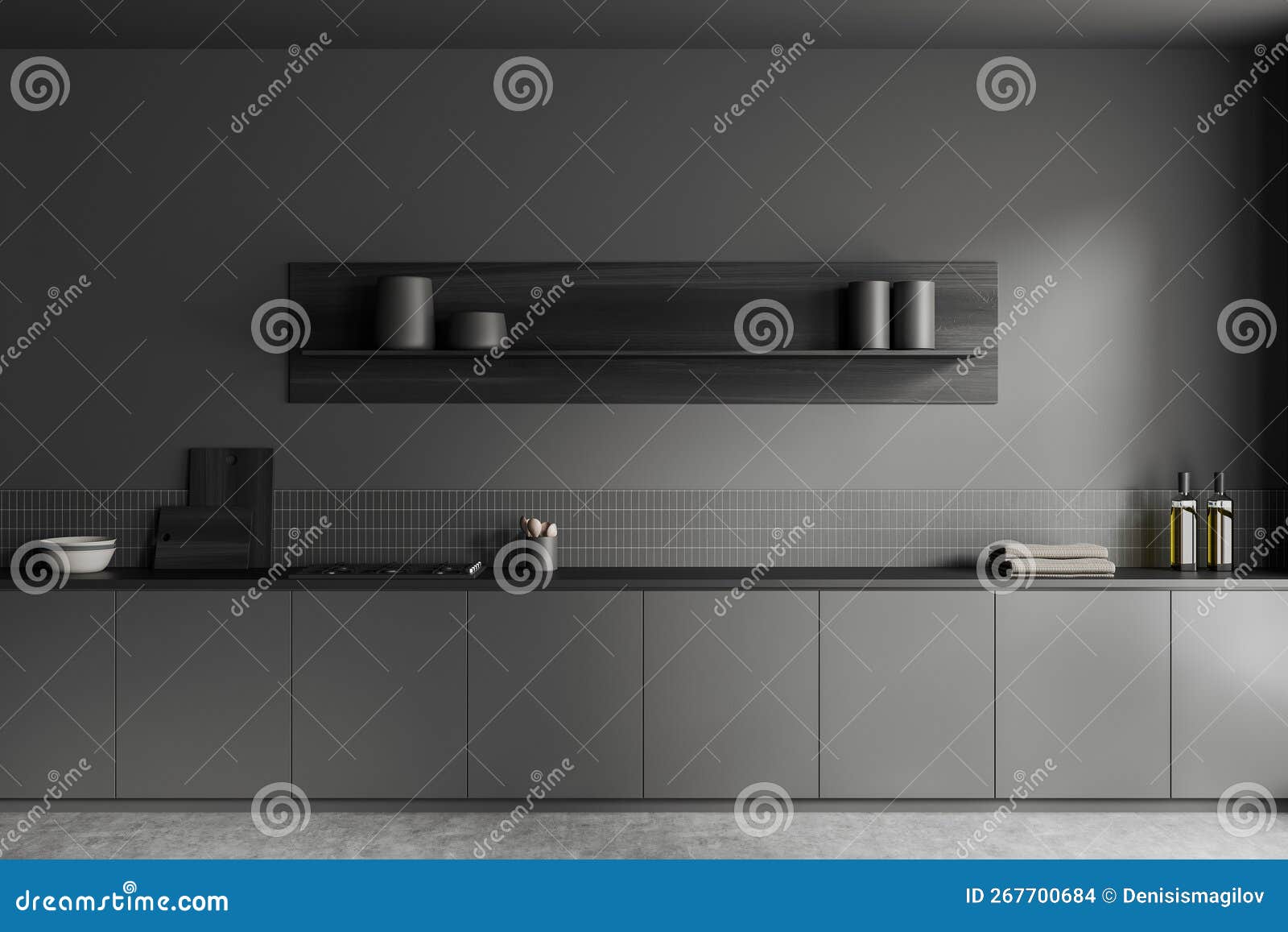 Grey Kitchen Interior with Shelves, Stove and Minimalist Kitchenware