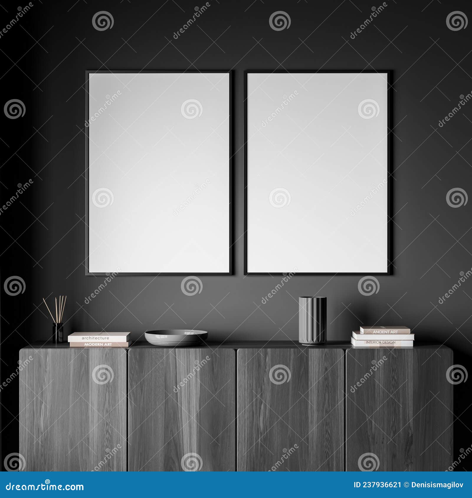 Grey Living Room Wall with Two Empty Canvases and Sideboard Stock