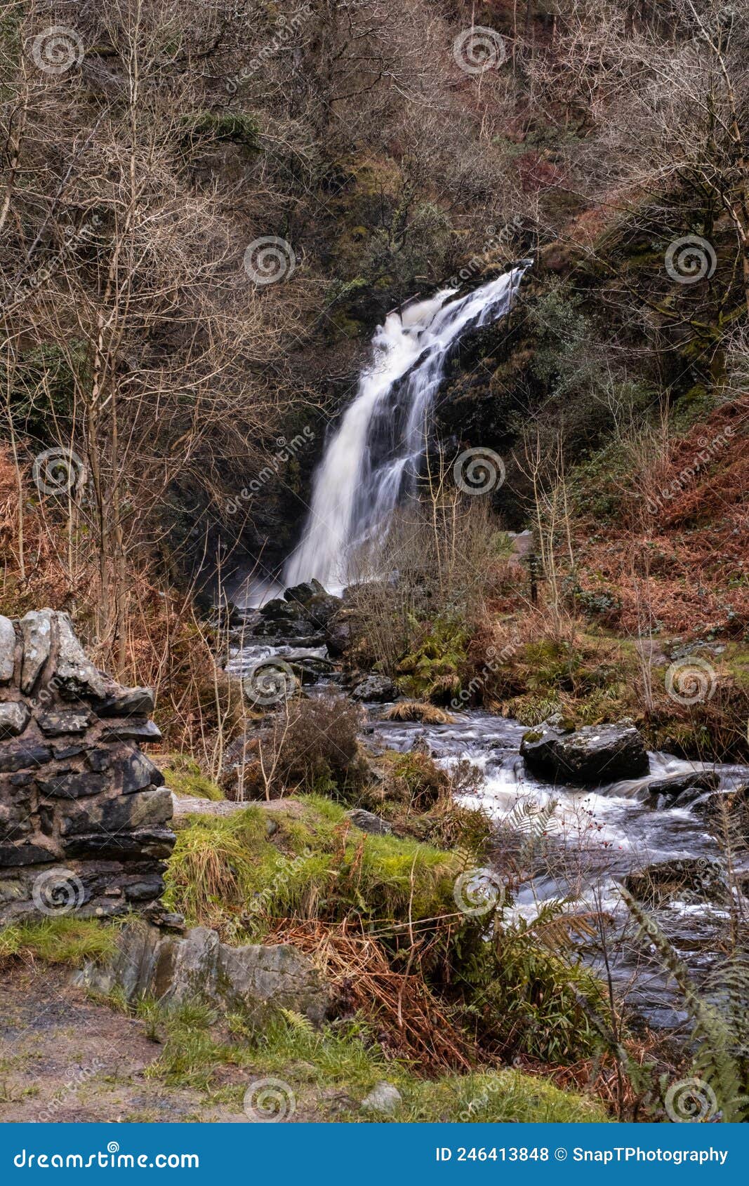 grey mare`s tail waterfall and burn in winter, galloway forest park, scotland