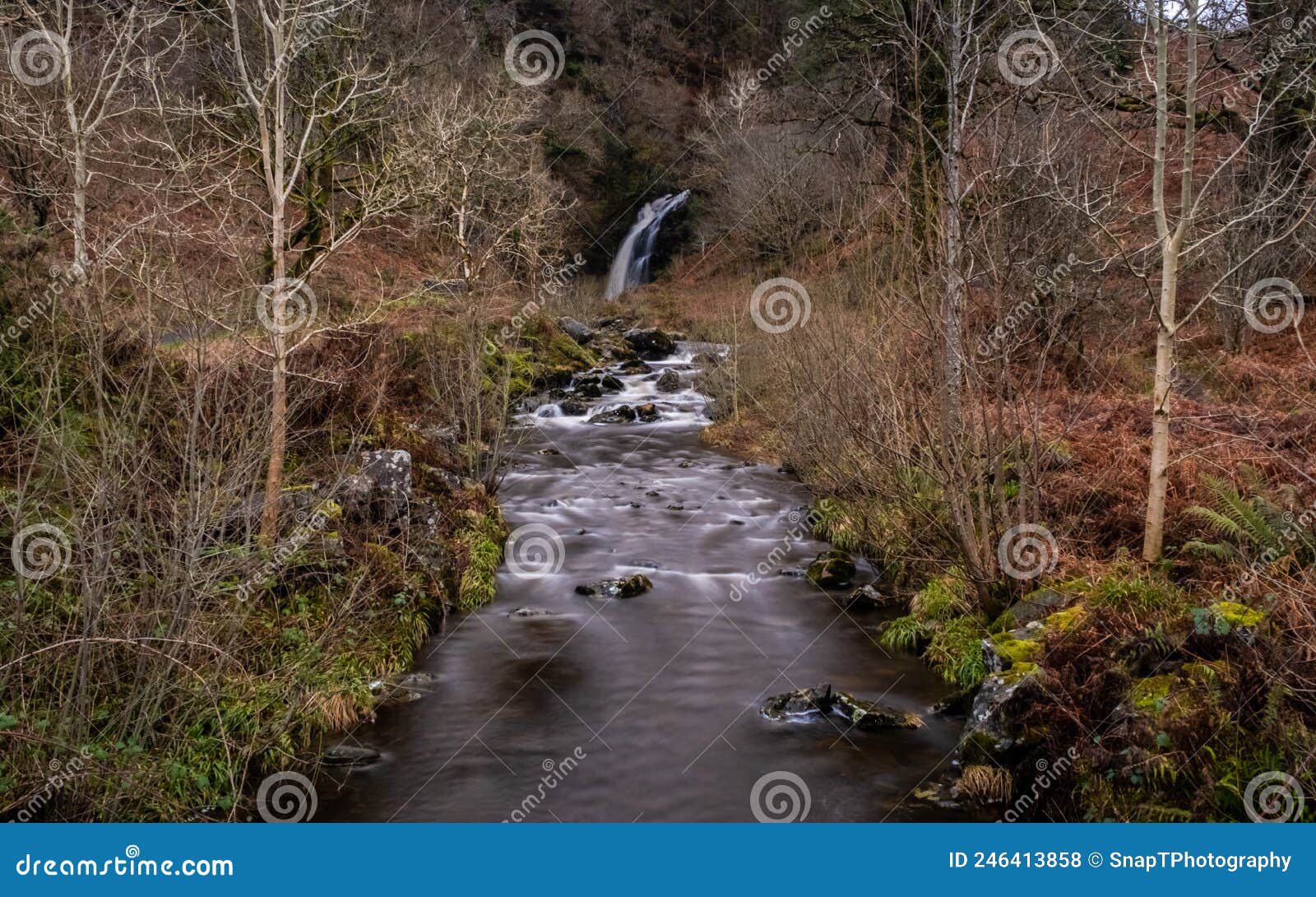 grey mare`s tail waterfall and burn in winter, galloway forest park, scotland