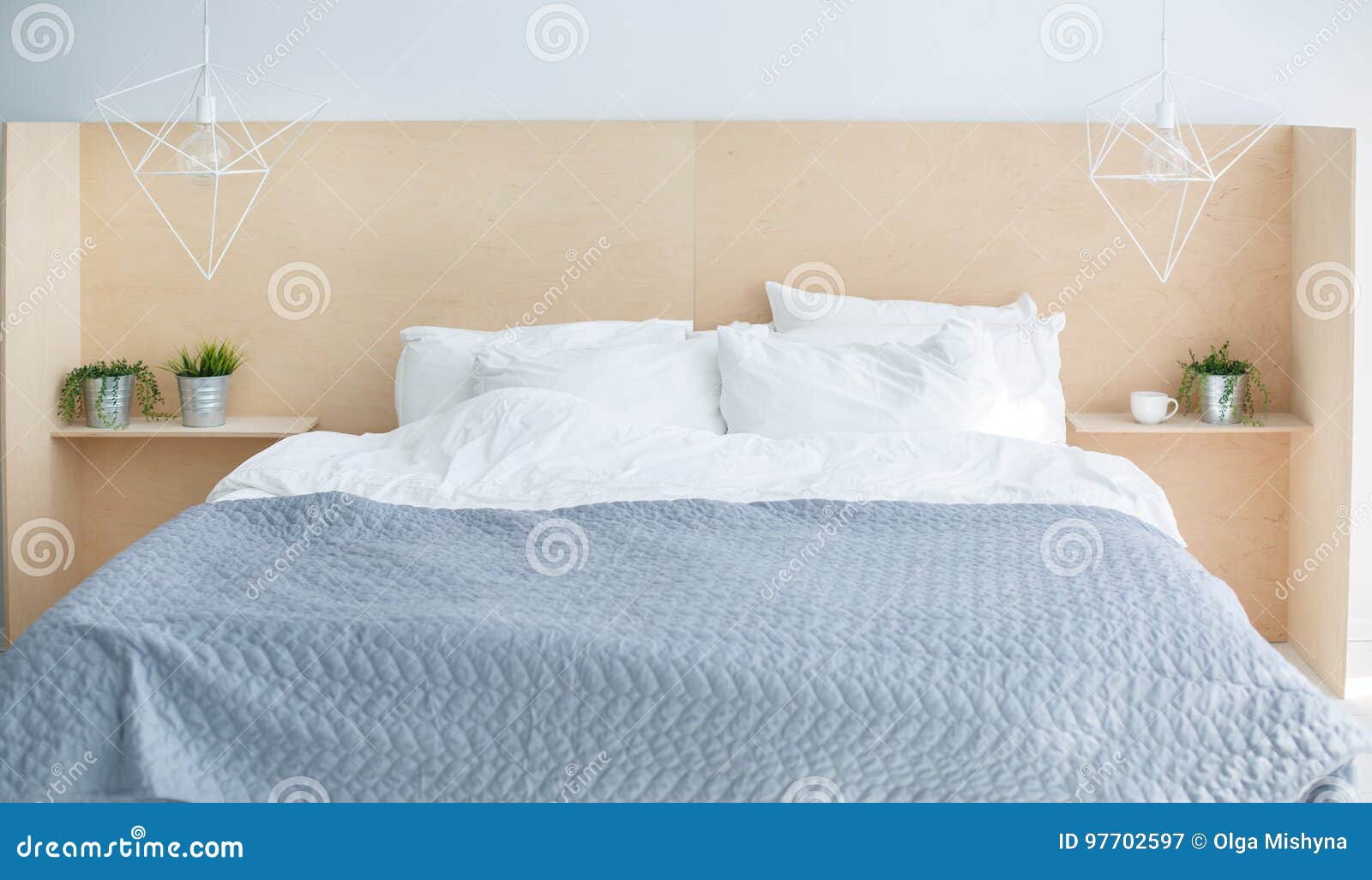 Grey Modern Bed with Wooden Bedside Stock Image - Image of carved ...