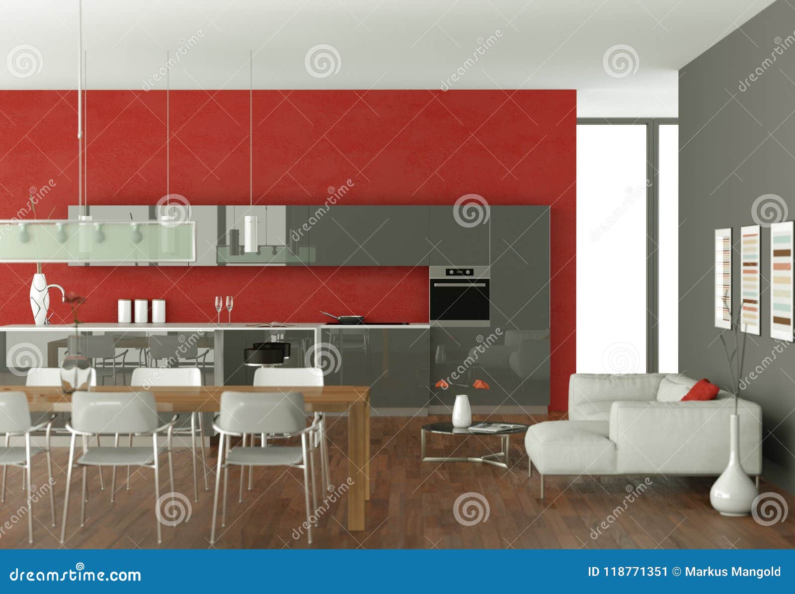 Grey Modern Kitchen with Red Wallpaper Stock Illustration