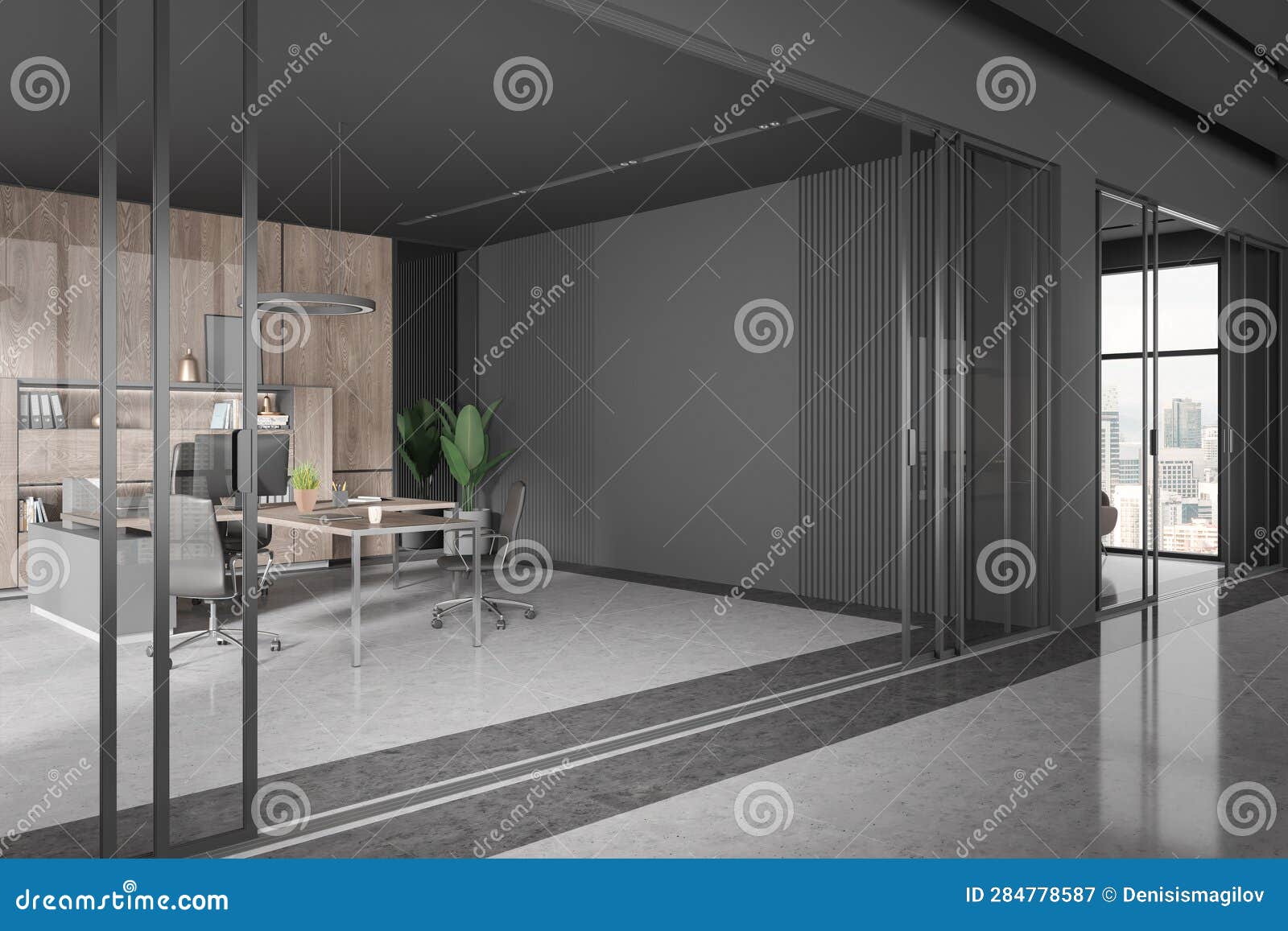 Grey Office Interior with Work Zone and Wall Mockup, Panoramic Window