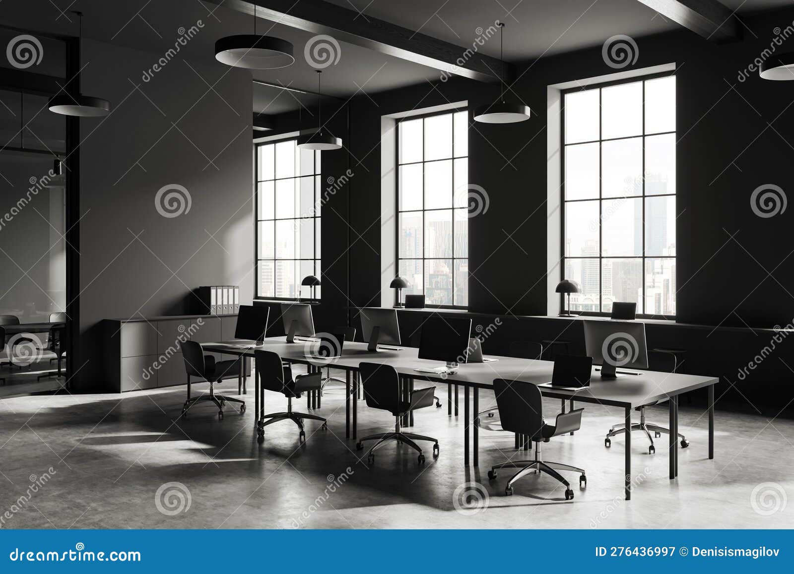 Grey Office Room Interior with Coworking and Conference Zone, Panoramic
