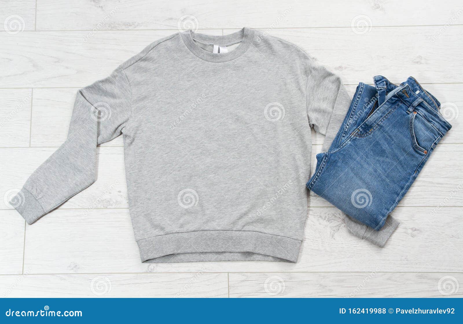 Download Grey Pullover Mockup And Denim Top View, Copy Space, Mock ...
