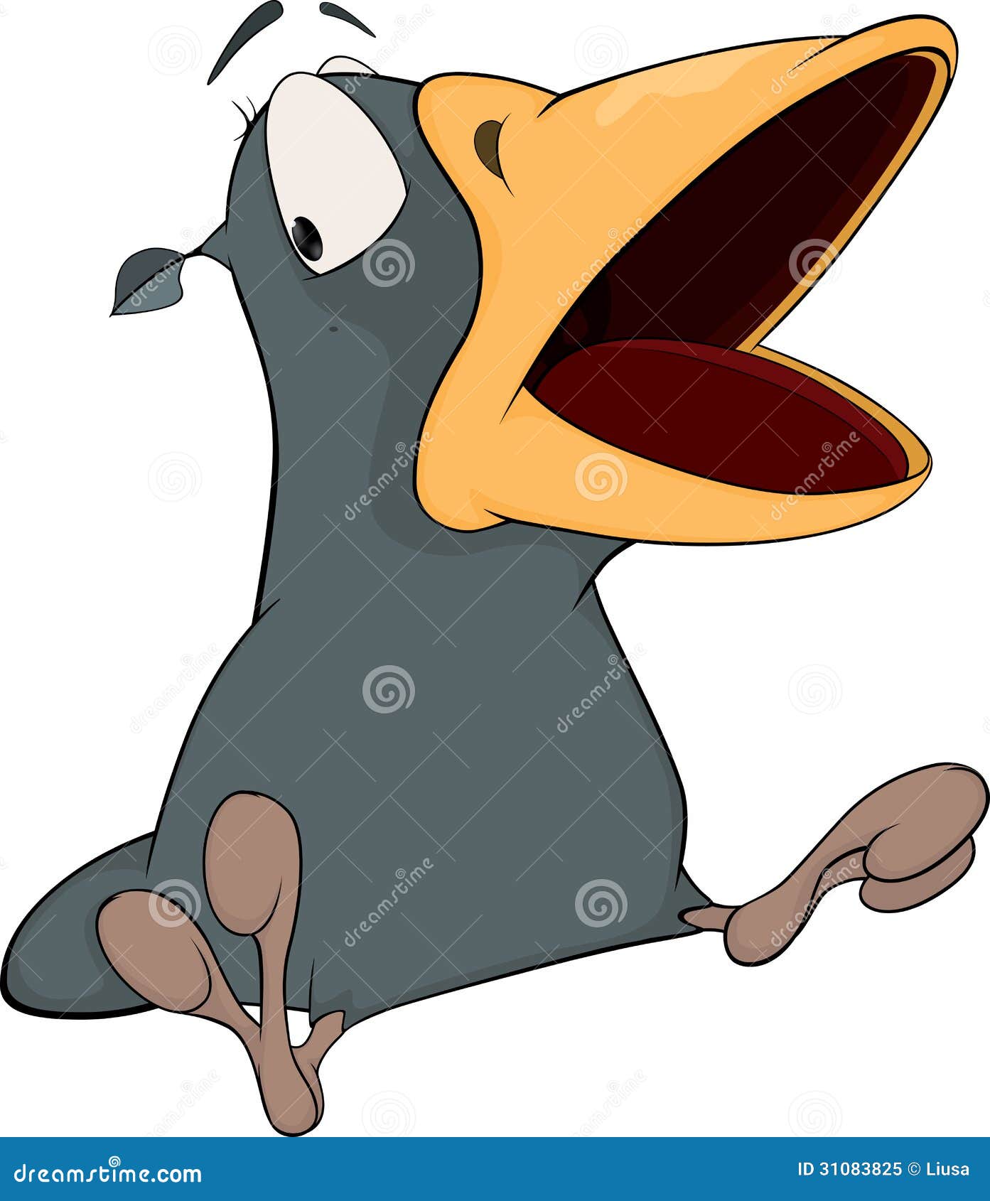grey raven with an open beak. cartoon