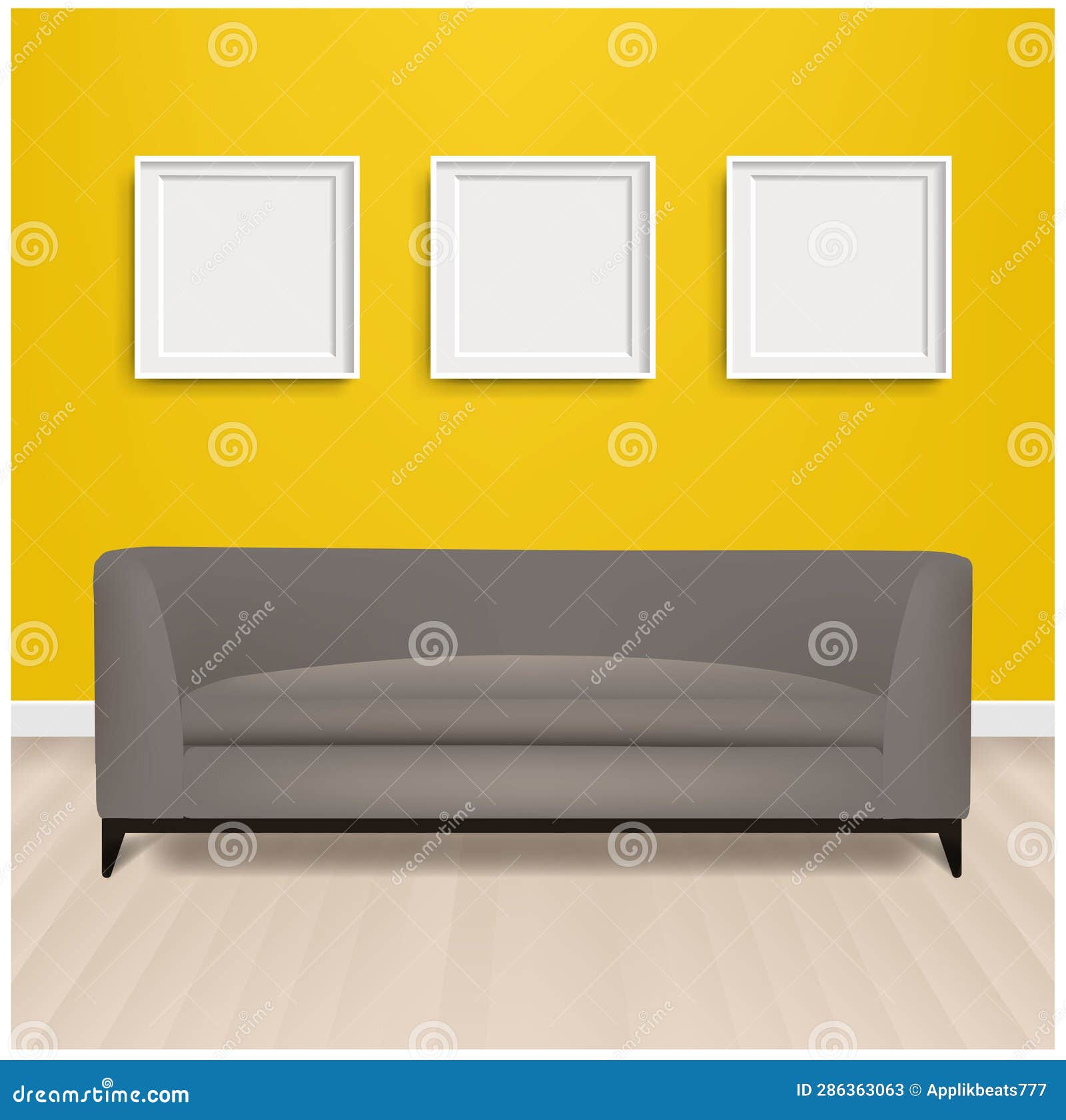 Grey Sofa Bed with and Picture Frame and Yellow Background Stock Vector