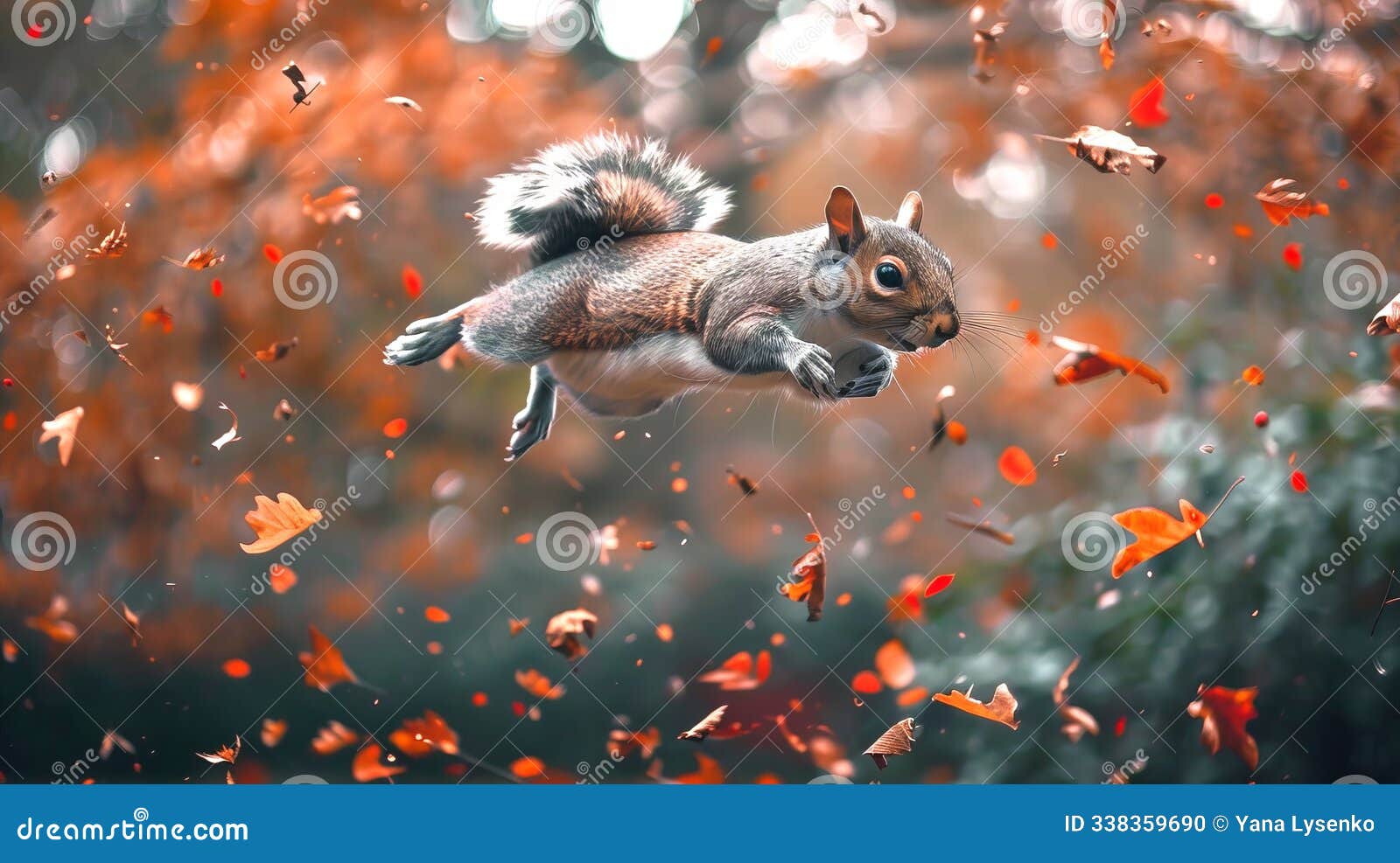 a grey squirrel leaping between branches in an autumn forest with vibrant red berries. concept of wildlife freedom