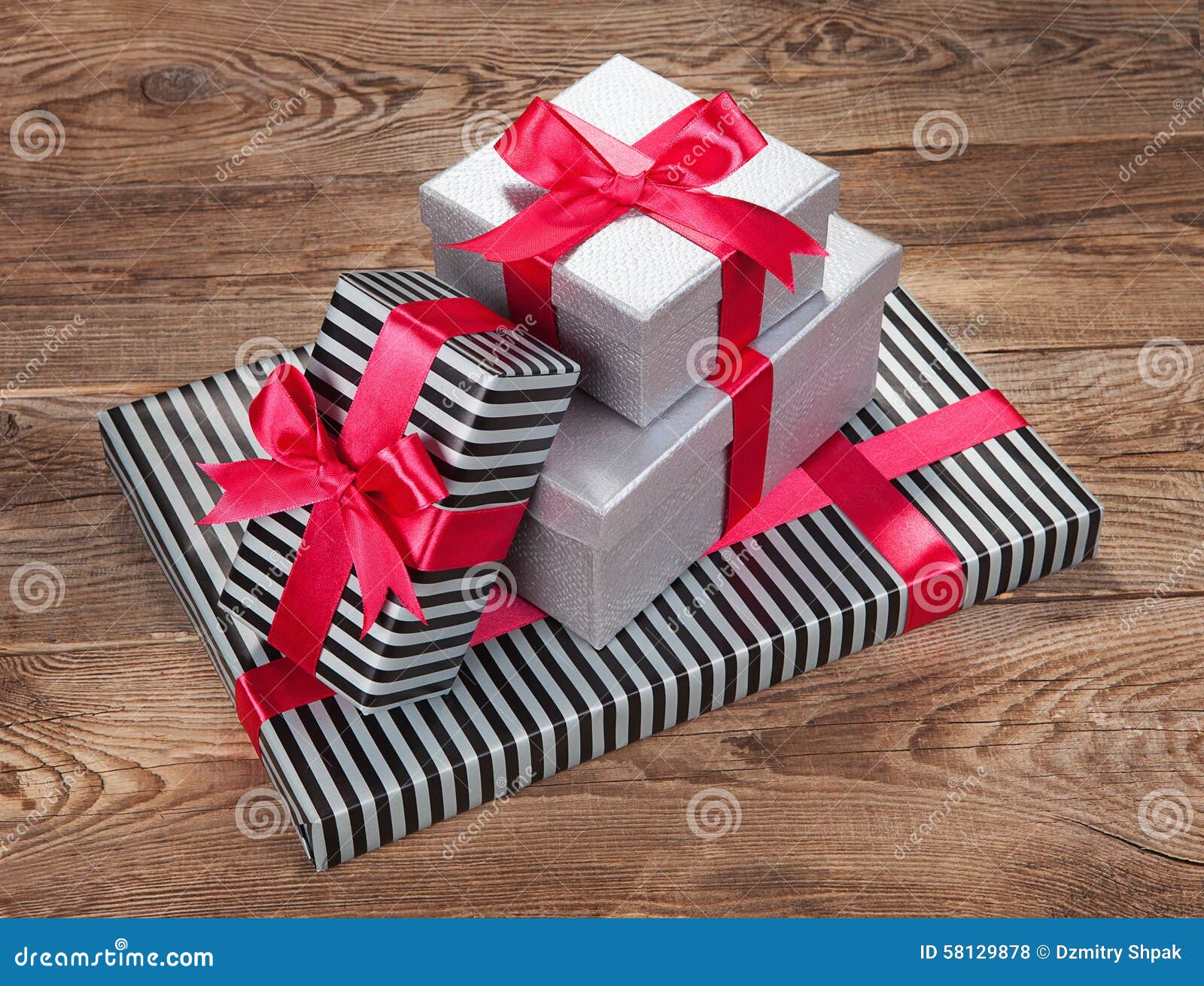Grey and Striped Boxes with Bows on Old Board Stock Photo Image of