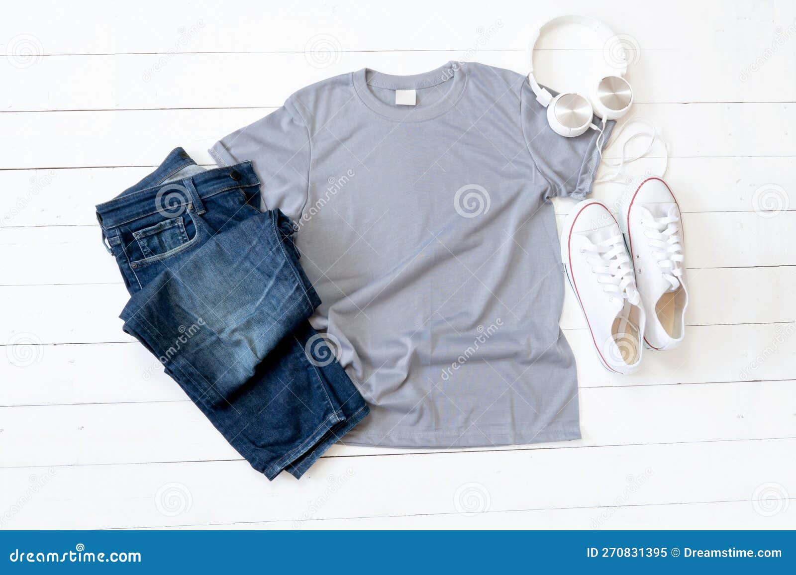 Grey T Shirt Mockup Weathered, Canvas Shoes, Earphones and Jeans on ...