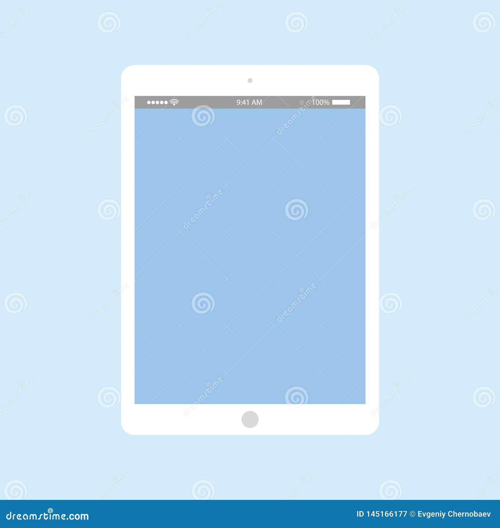 Grey Tablet with Battery and Clock on Blue Empty Screen. Grey Tablet Flat Style on Blue