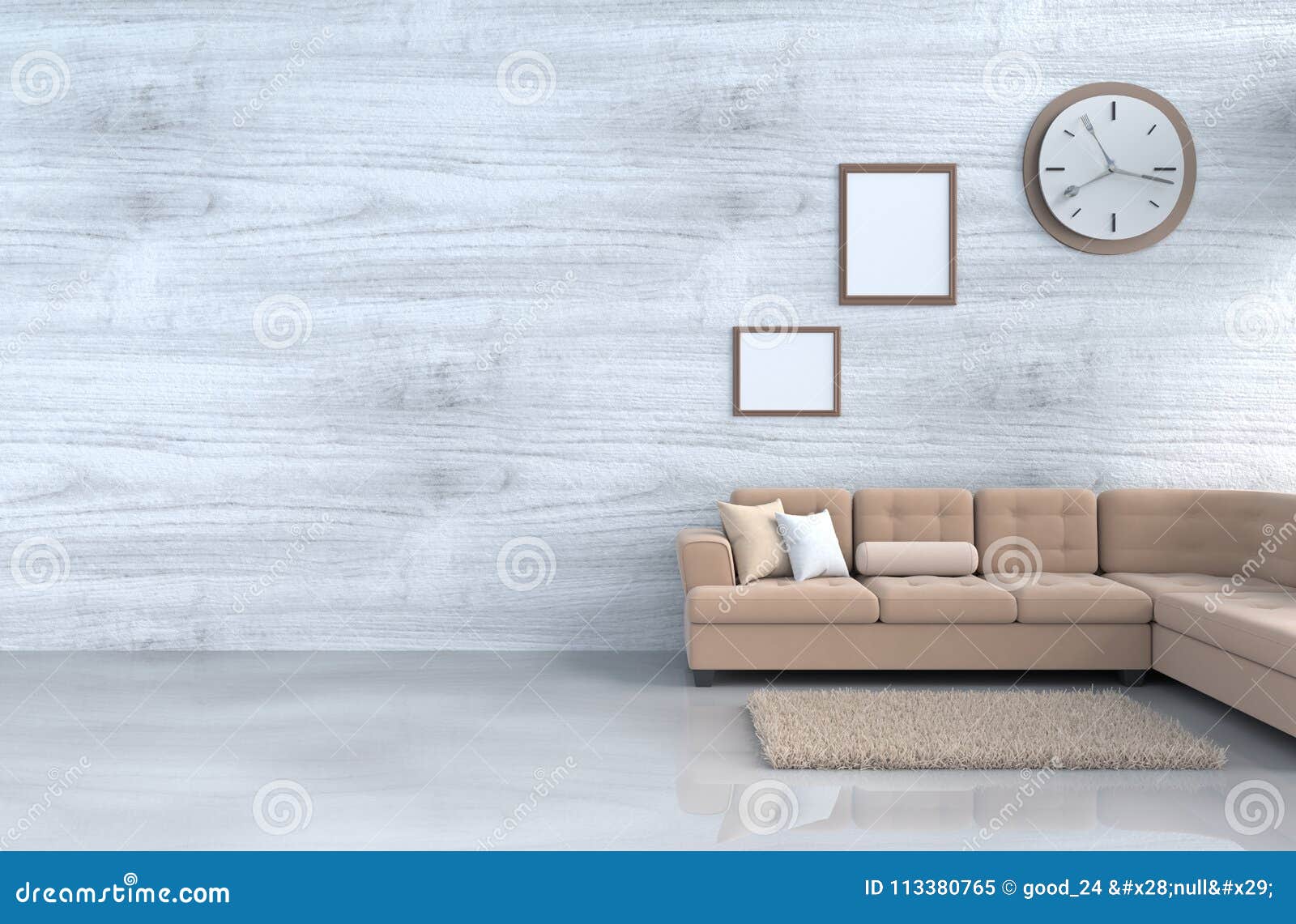 Grey White Living Room Decor With Grey Sofa Stock