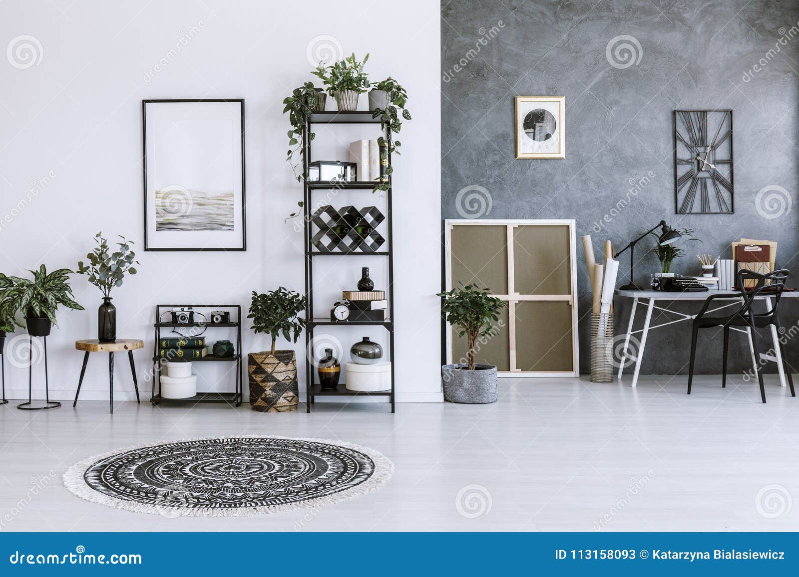 grey workspace interior with poster