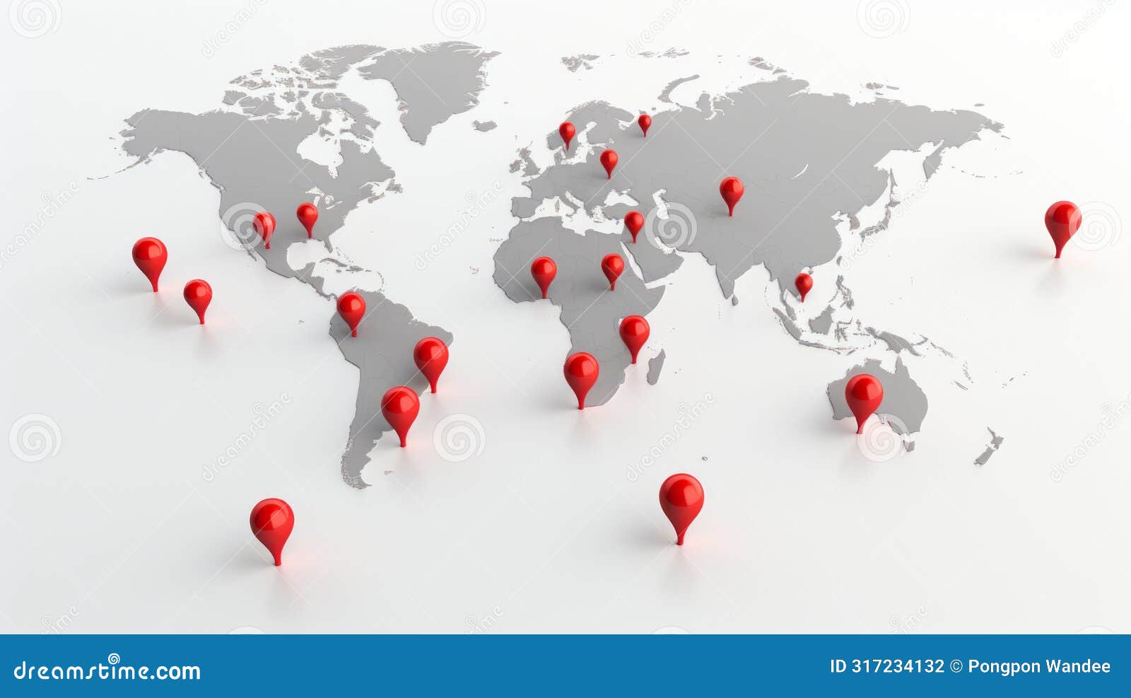 a grey world map with red pins marking various global locations worldwide connections on a white background