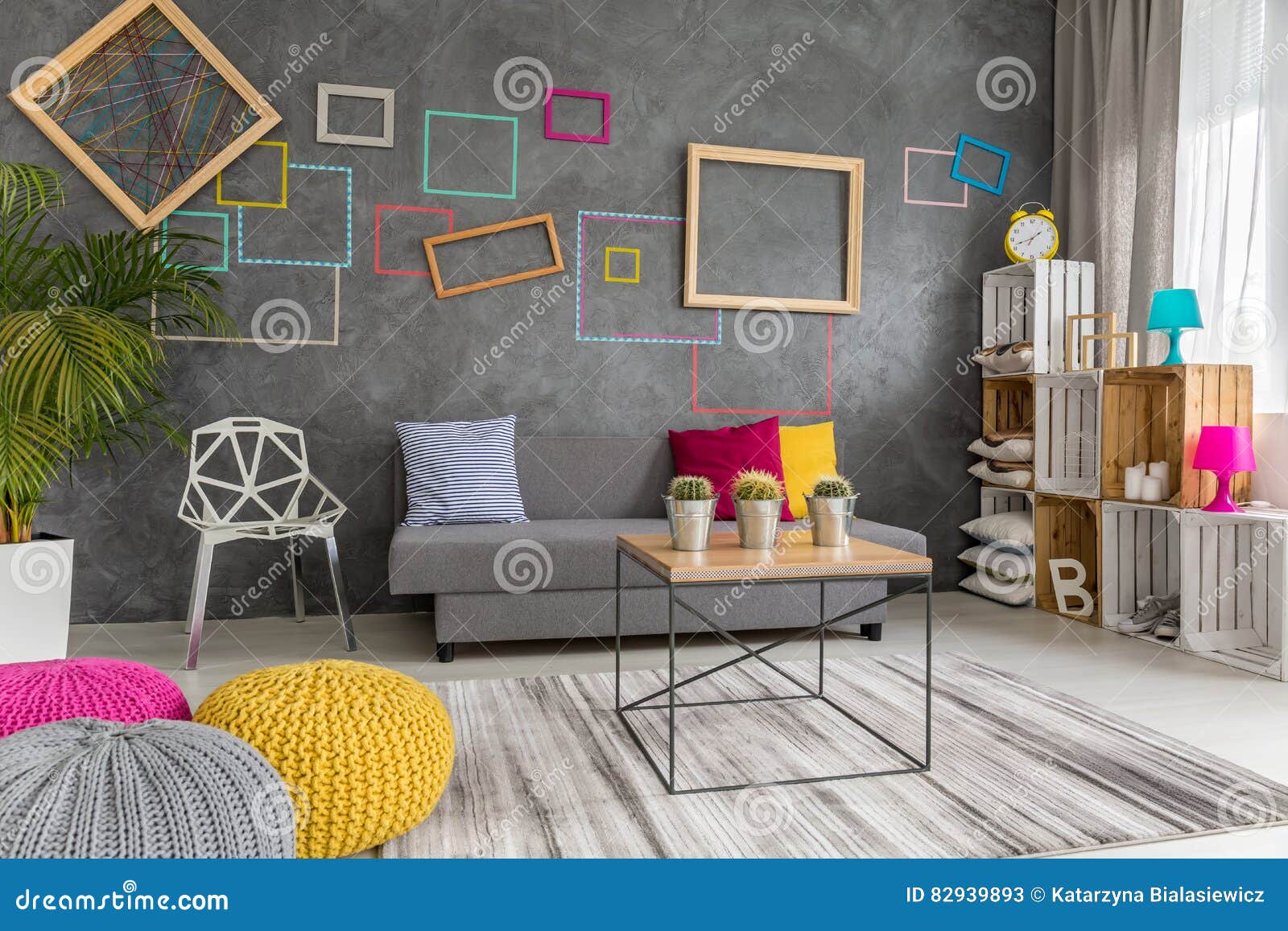 Grey Yellow And Pink Living Room Stock Photo Image 82939893