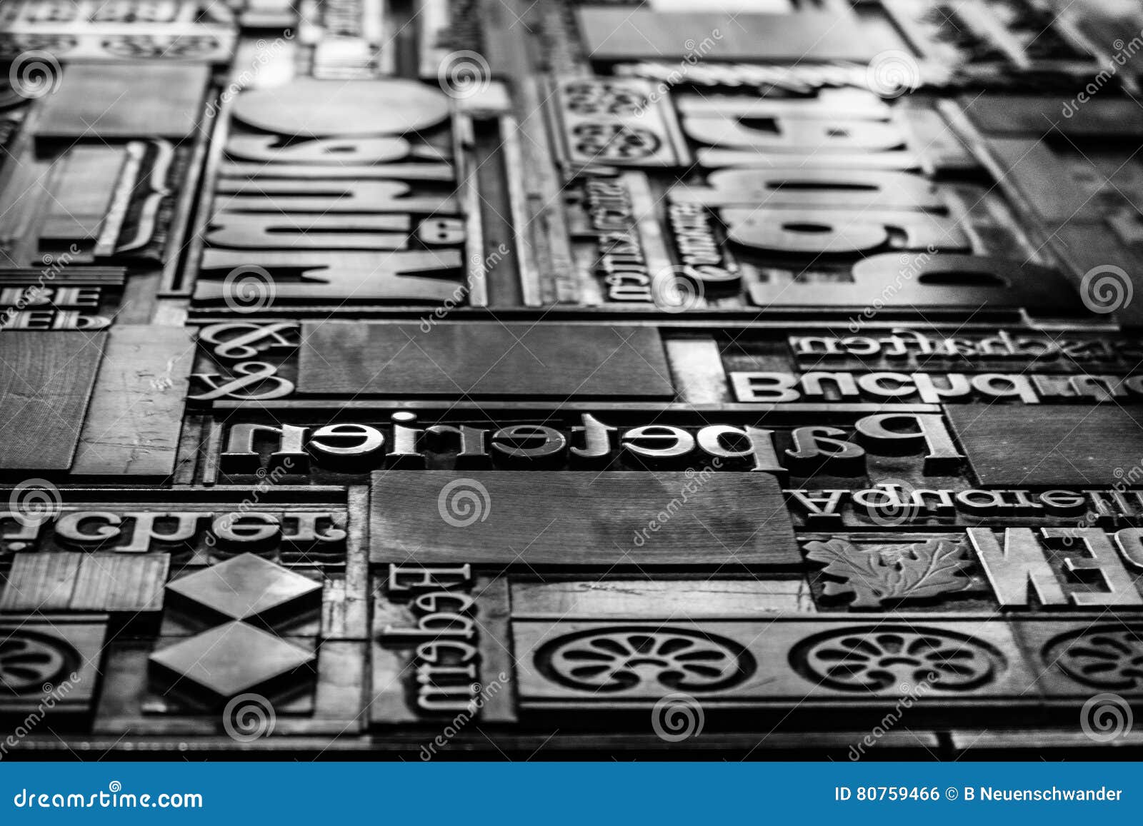 Greyscale block of type stock photo. Image of press, print 80759466