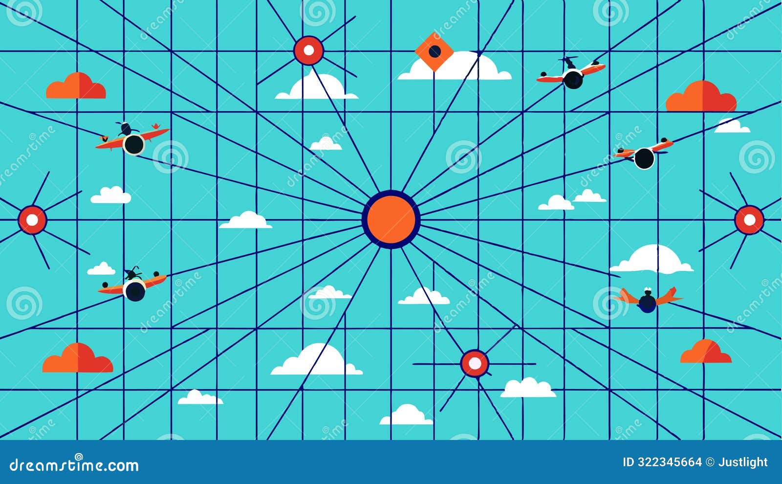 a gridlike pattern in the sky with autonomous drones following ated flight paths to ensure efficiency and avoid