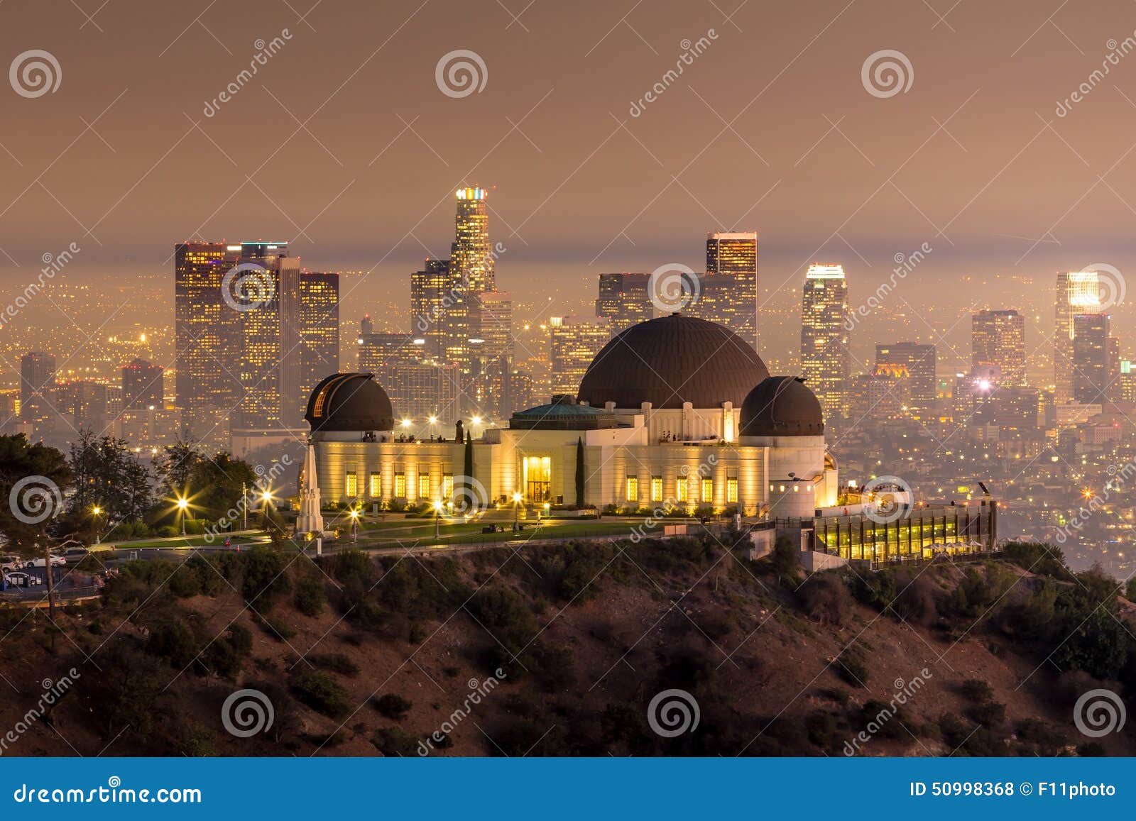 the griffith observatory and los angeles city skyline at twilight