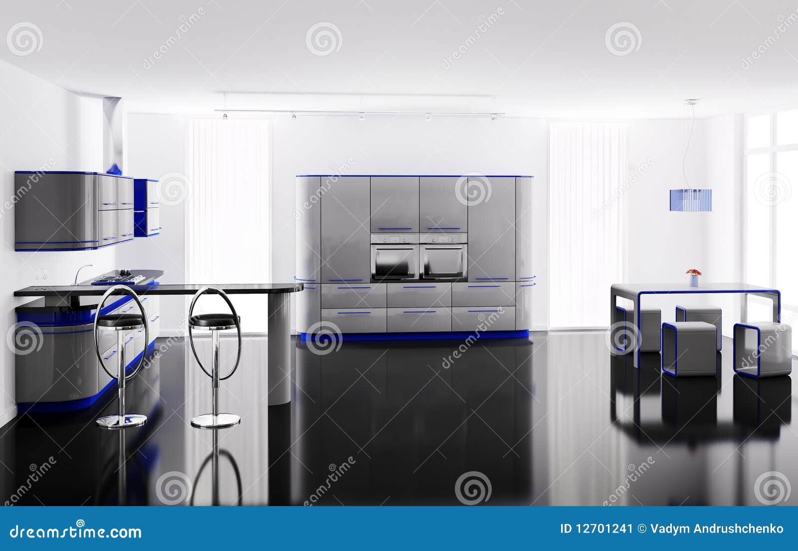 Grijze blauwe 3d keuken stock afbeelding afbeelding: 12701241