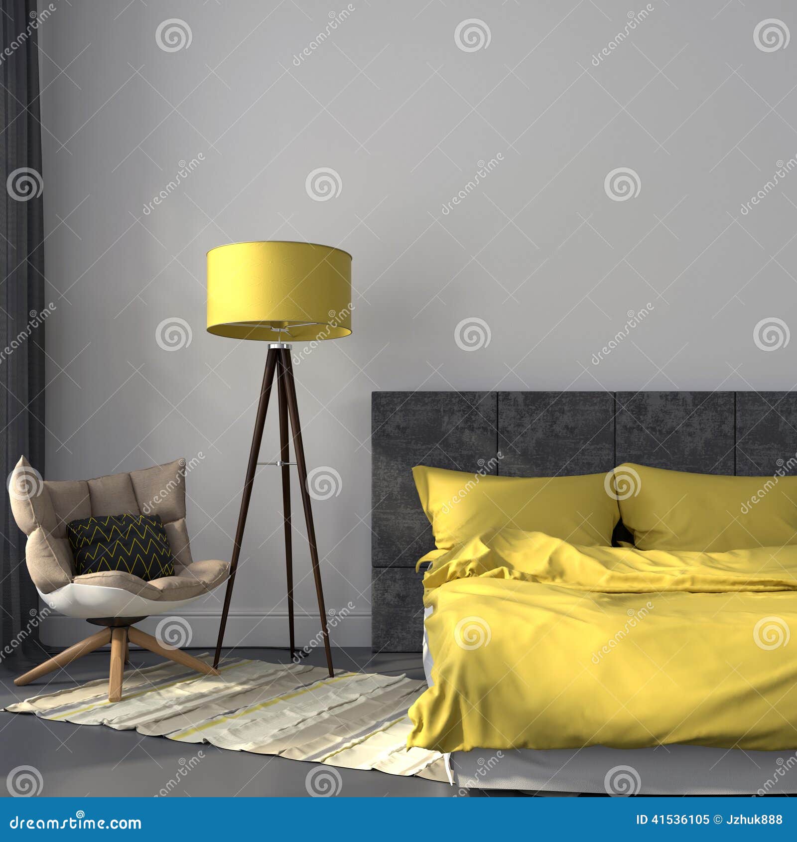 Grijze slaapkamer en geel decor stock foto afbeelding: 41536105