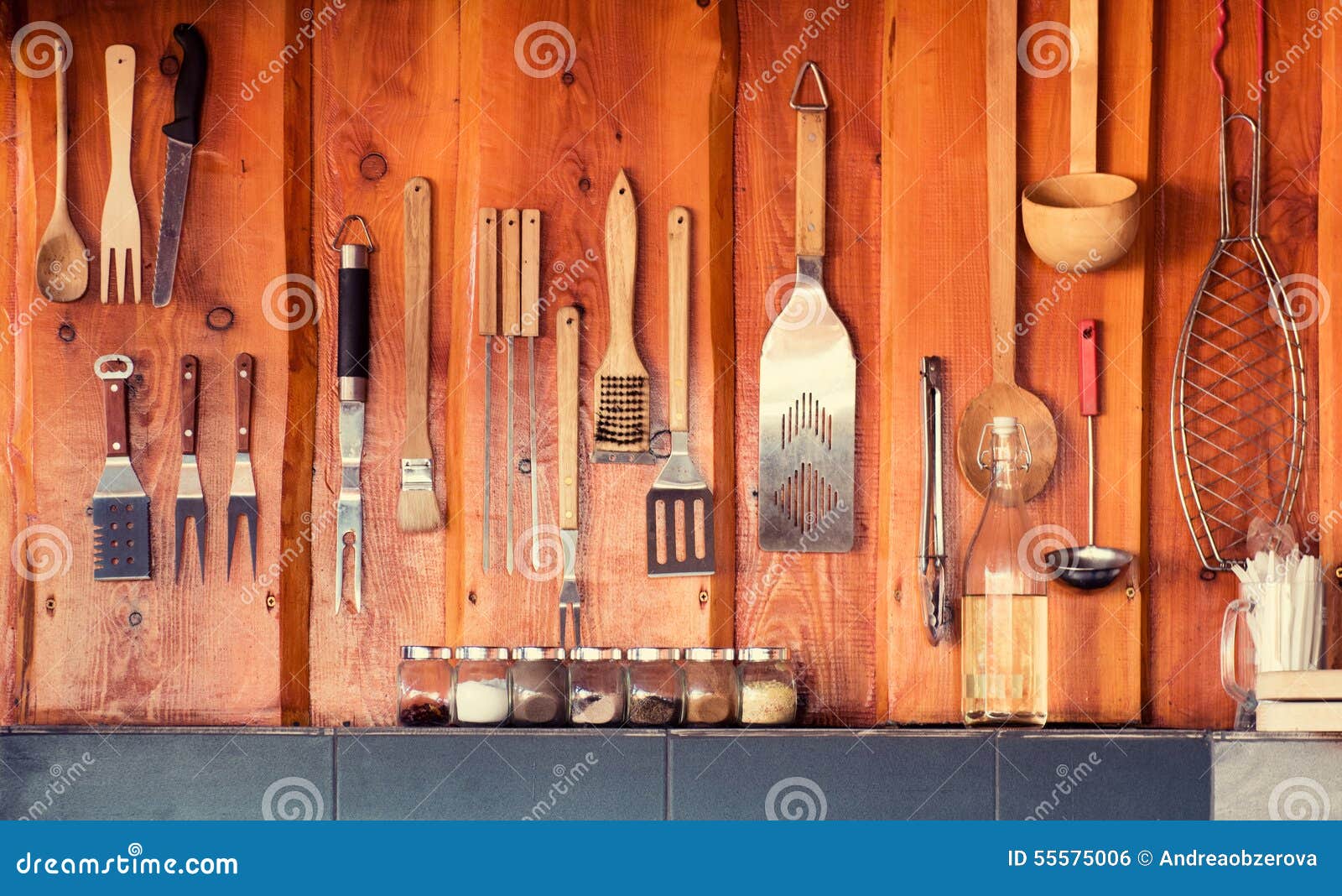 Grill, Bbq Area with Tools Hanging on the Wall Stock Photo Image of