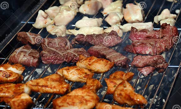 Grill Im Städtischen Hausgarten Mit Verschiedenen Fleischsorten ...