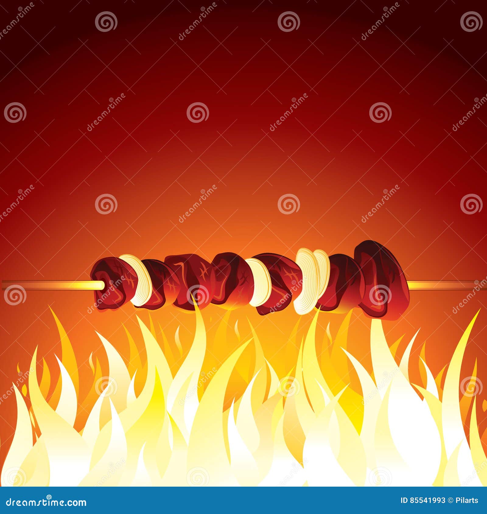 Grill-Kebab vorbereitet auf heiße Flamme Vektor. Grill-Rindfleisch-Kebab vorbereitet auf heiße Flamme Schnellimbisshintergrund des Vektors