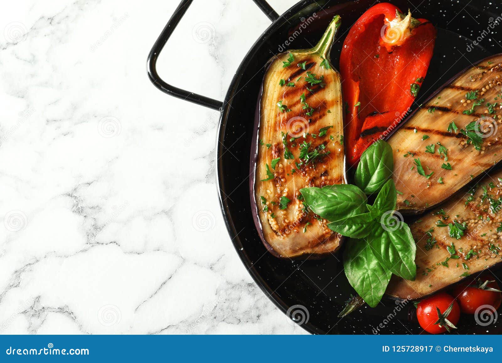 Grill Pan of Fried Eggplants on Marble Table Stock Image Image of