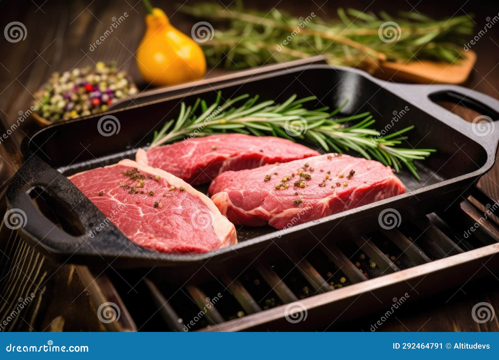 Grill Pan with Raw Steak and Rosemary Stock Image Image of generative