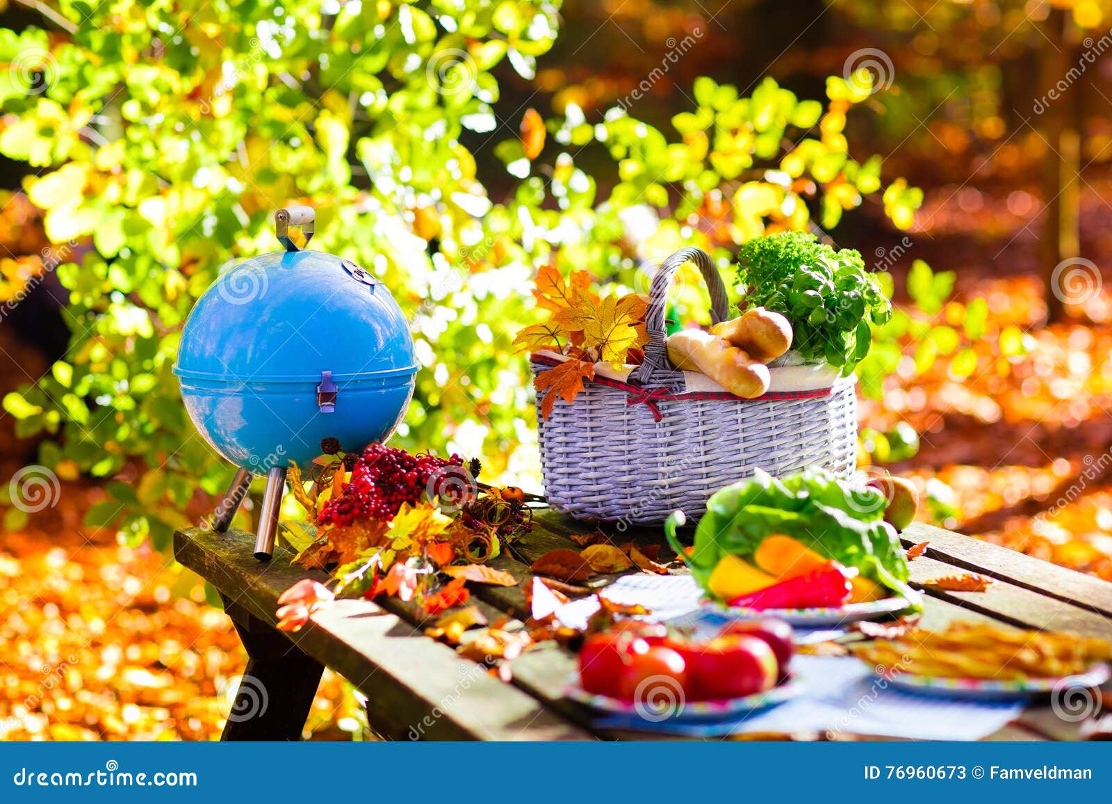 Grill And Picnic Basket In Autumn Garden Stock Image 