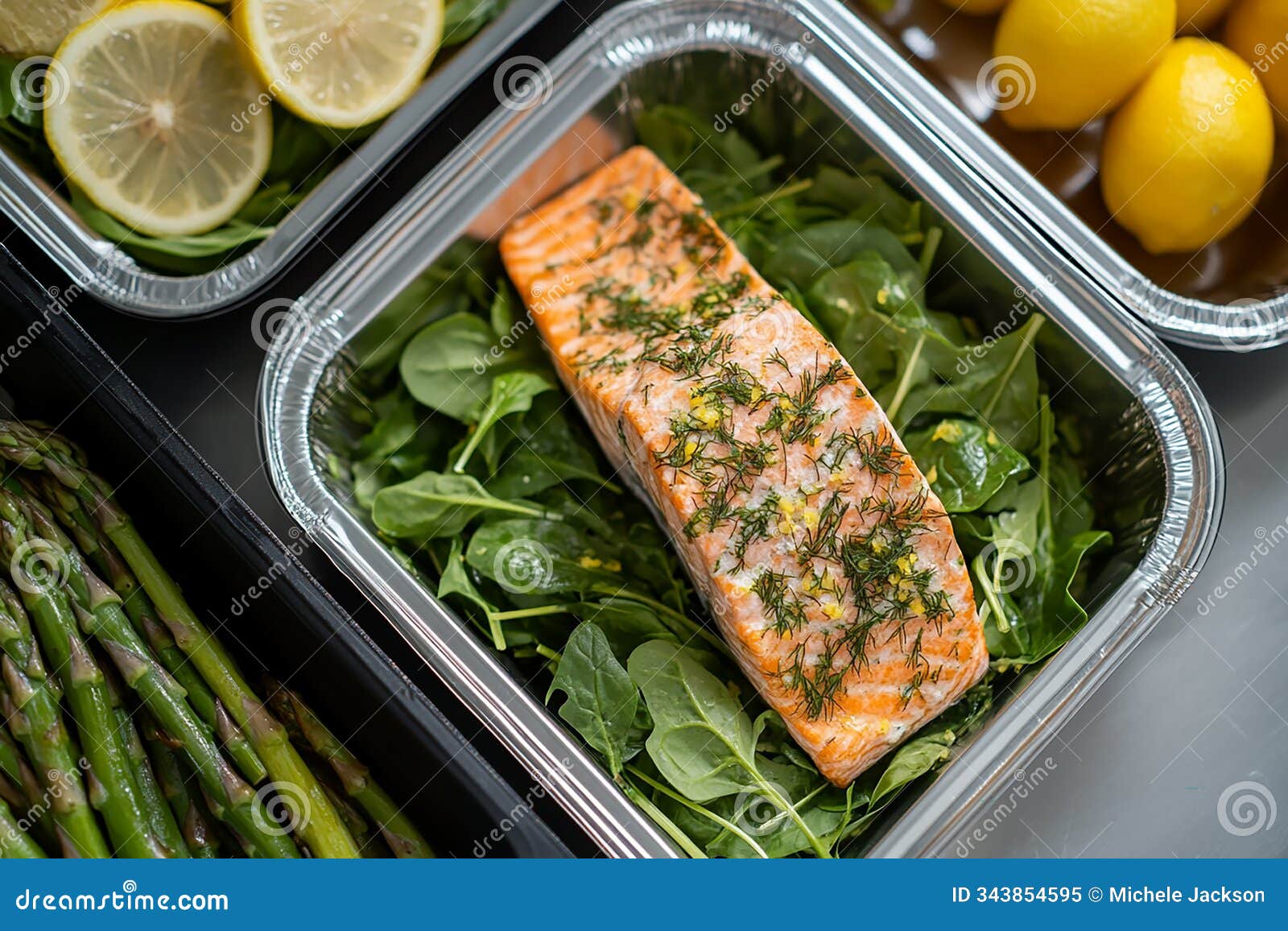 grill salmon fillet with dill crust over a salad of rocket and baby spinach