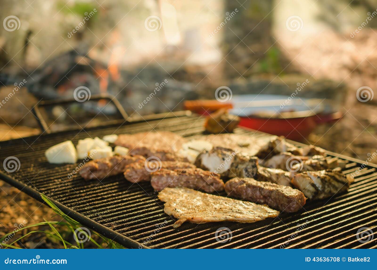 Ett skott av grillat griskött- och hönakött på metallgaller med flamma- och metallbunken i bakgrunden