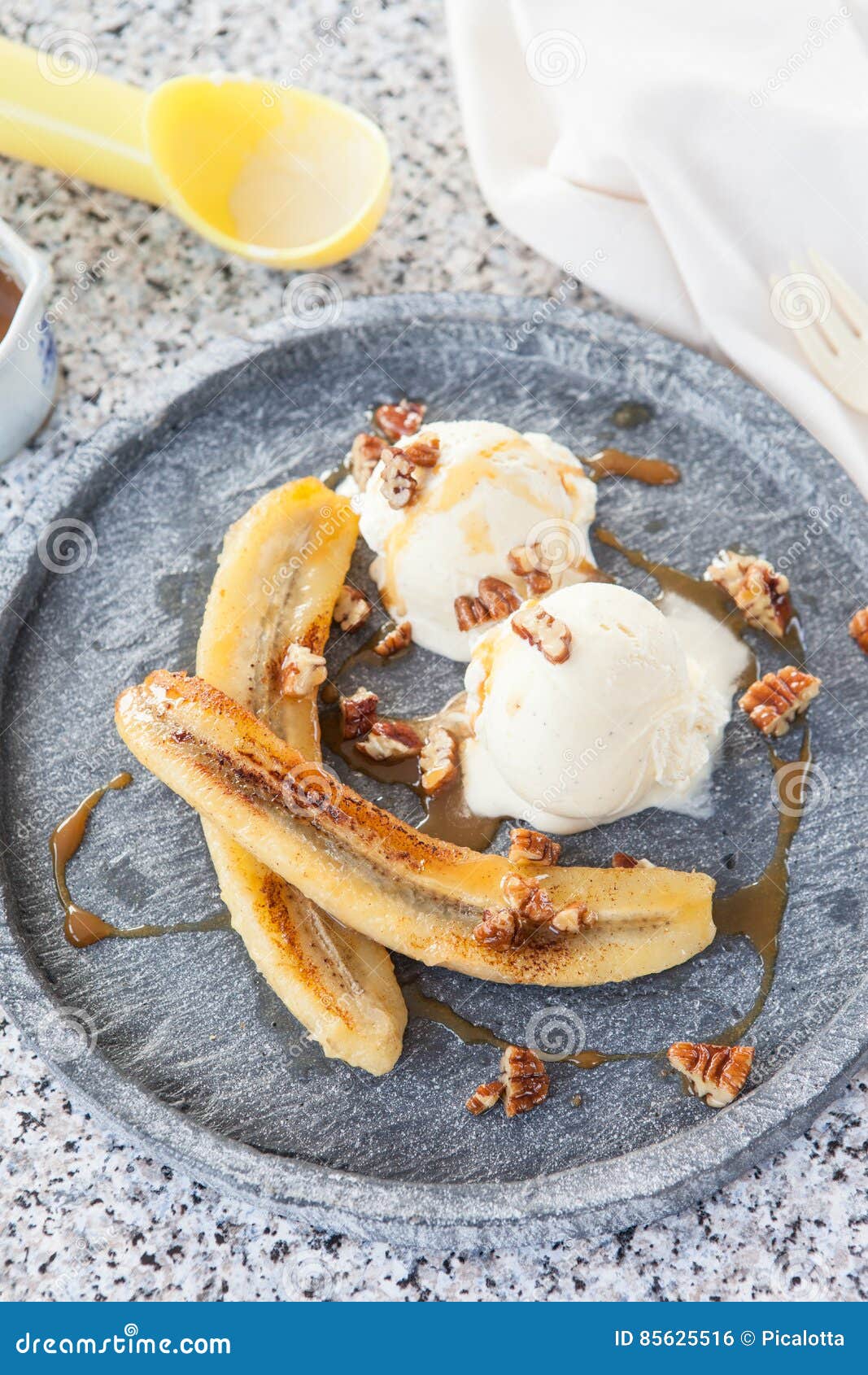 Grilled Banana with Vanilla Ice Cream Stock Photo Image of