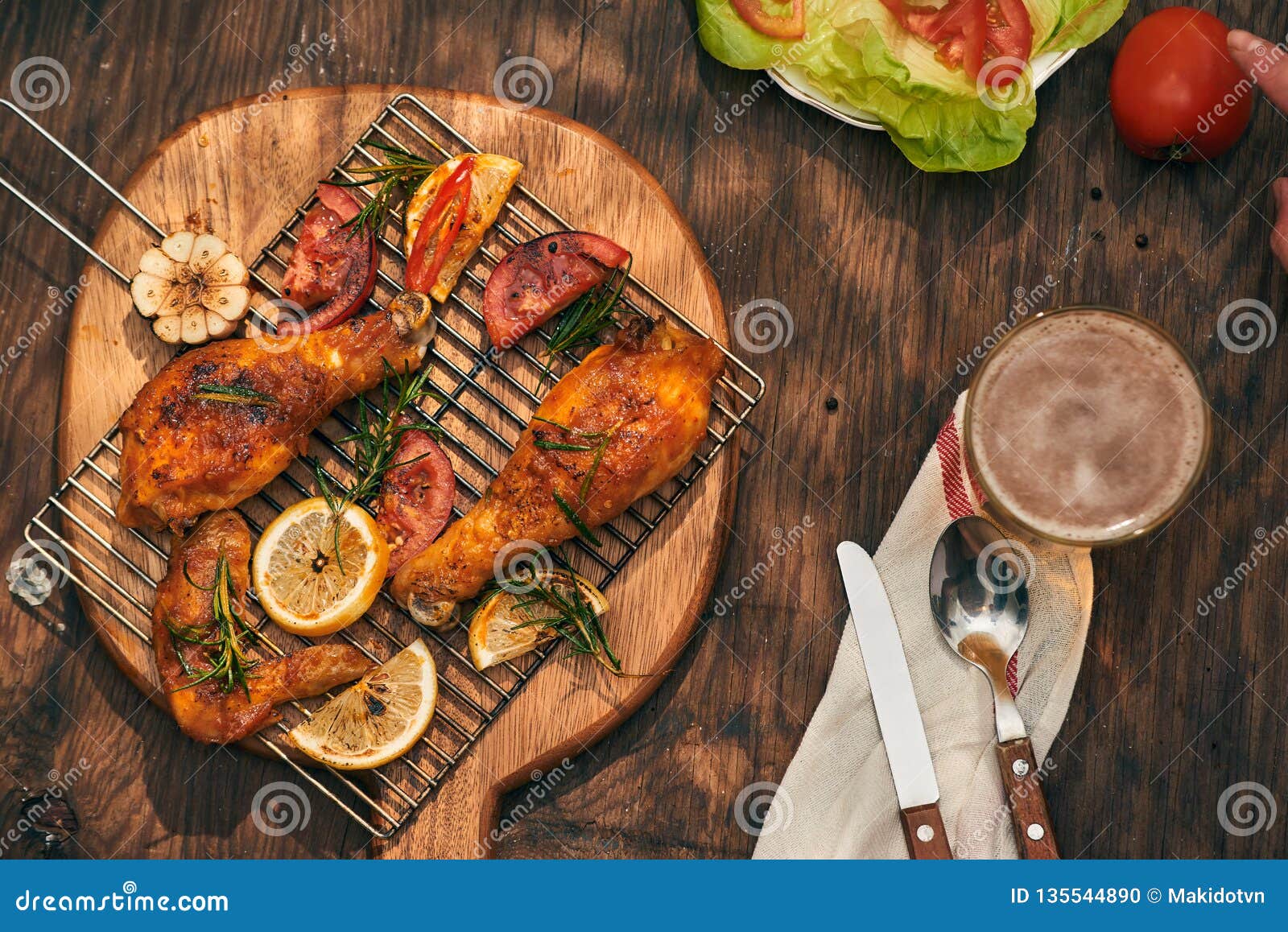 Grilled Bbq Chicken with Fresh Herbs and Tomatoes Stock Photo Image