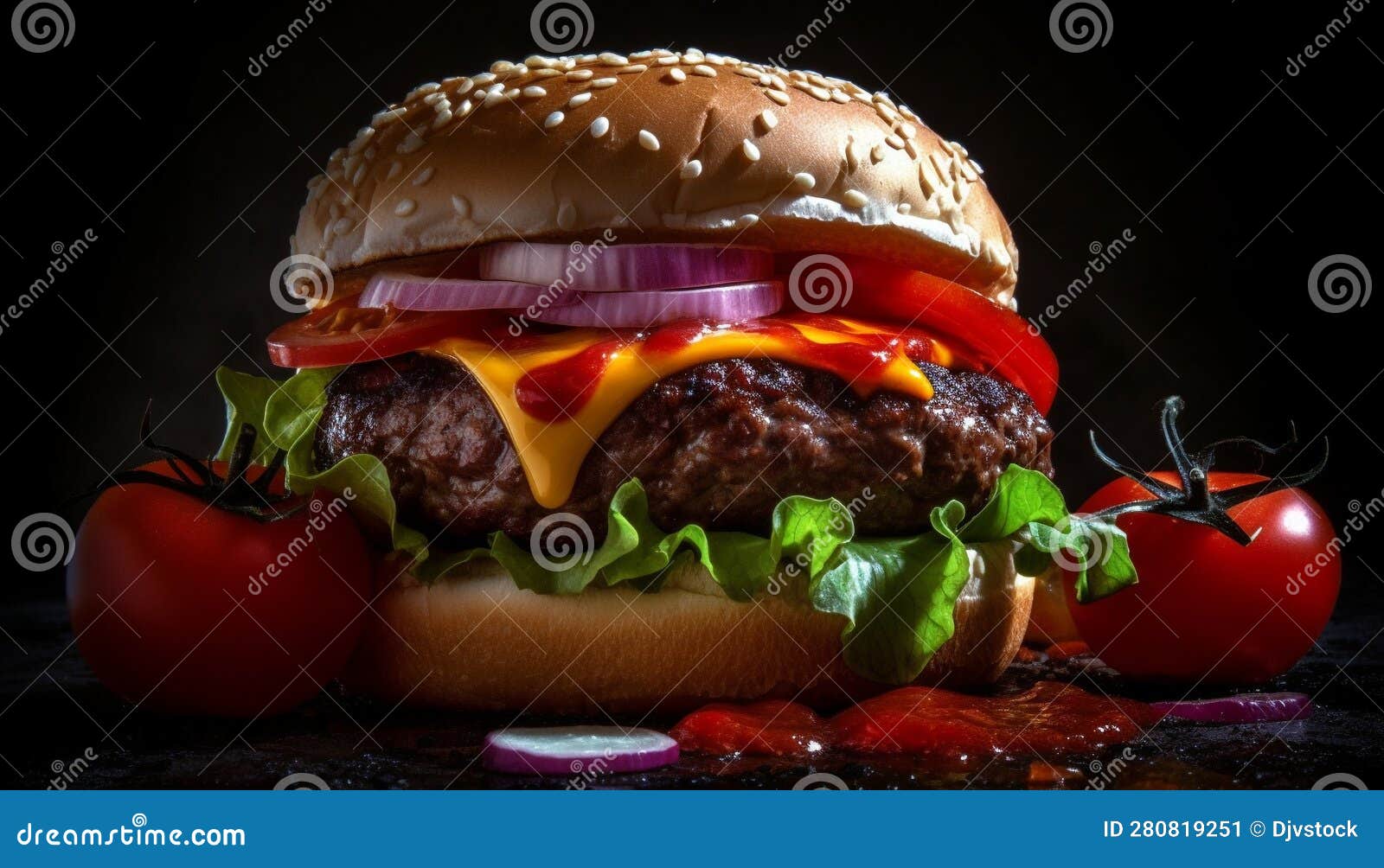 Grilled Beef Burger with Cheddar Cheese on Sesame Bun Generated by AI