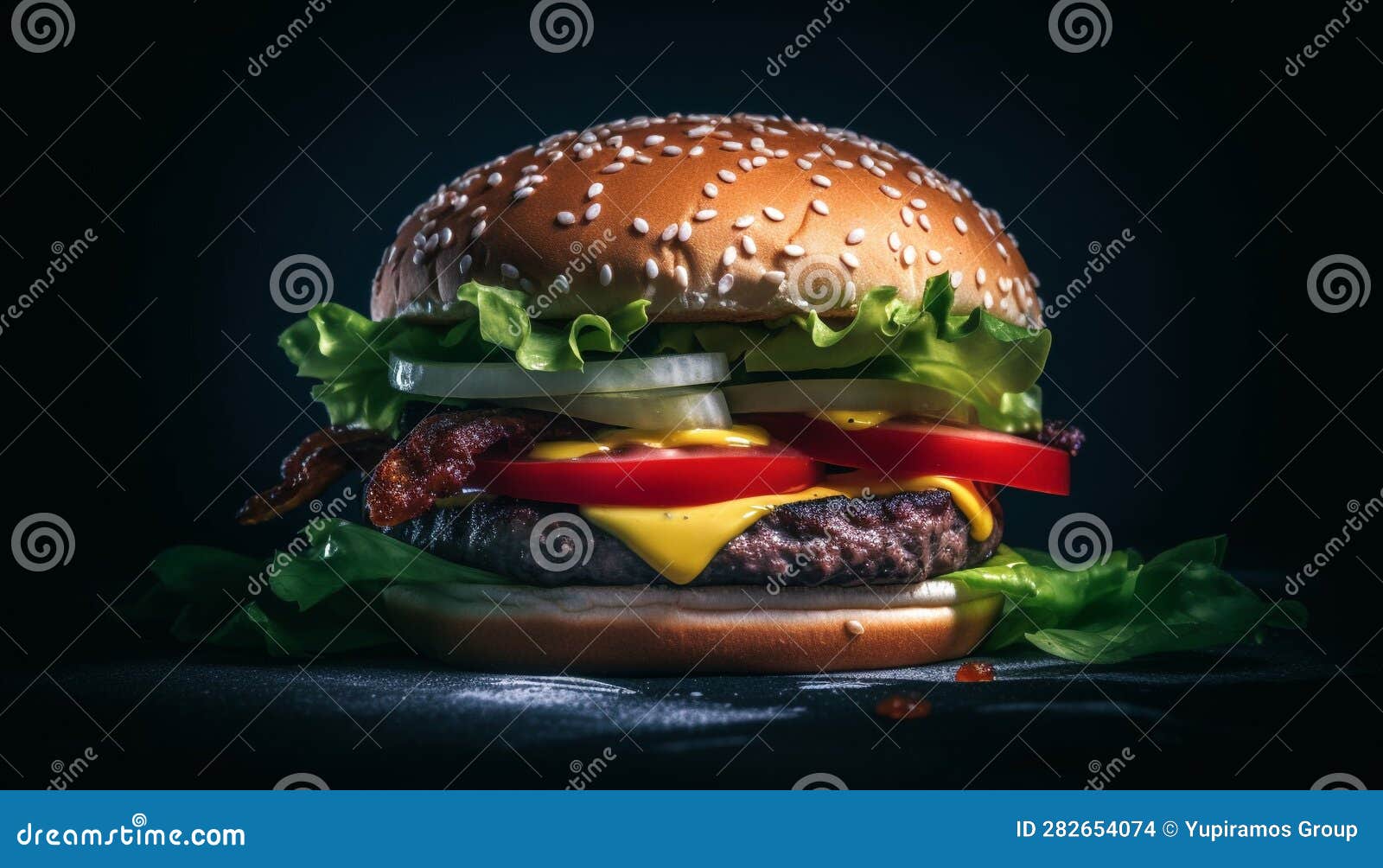 Grilled Beef Burger with Cheddar Cheese and Tomato on Bun Generated by