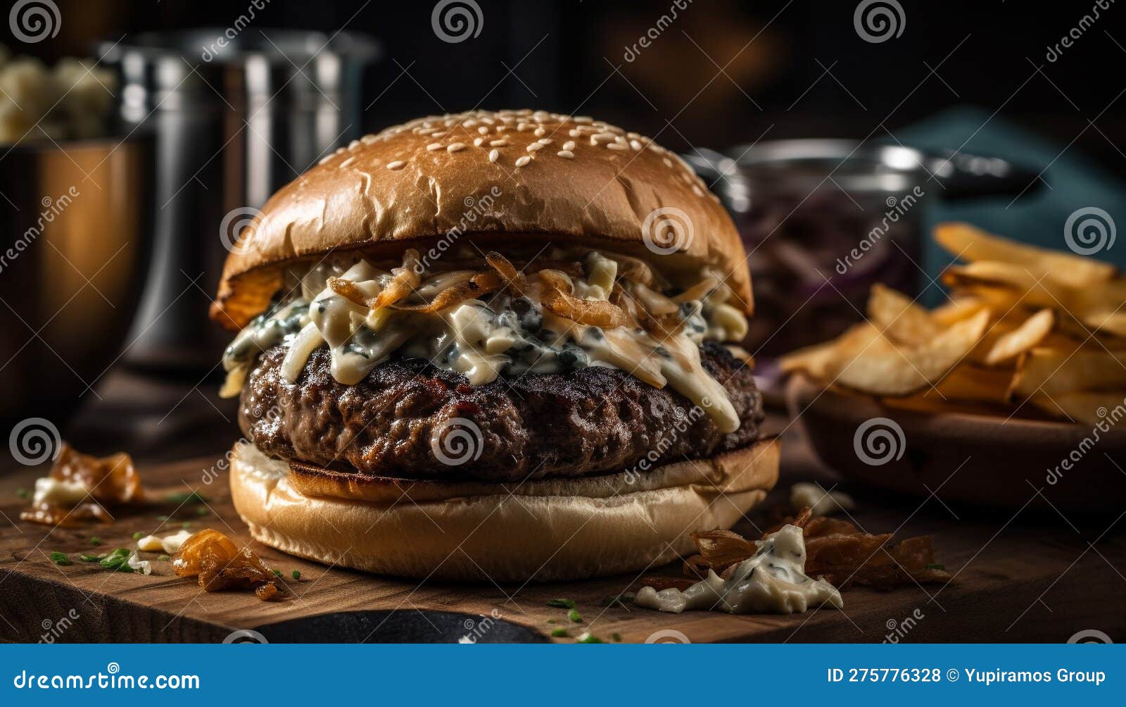 Grilled Beef Burger with Cheese and Fries Generated by AI Stock Photo ...