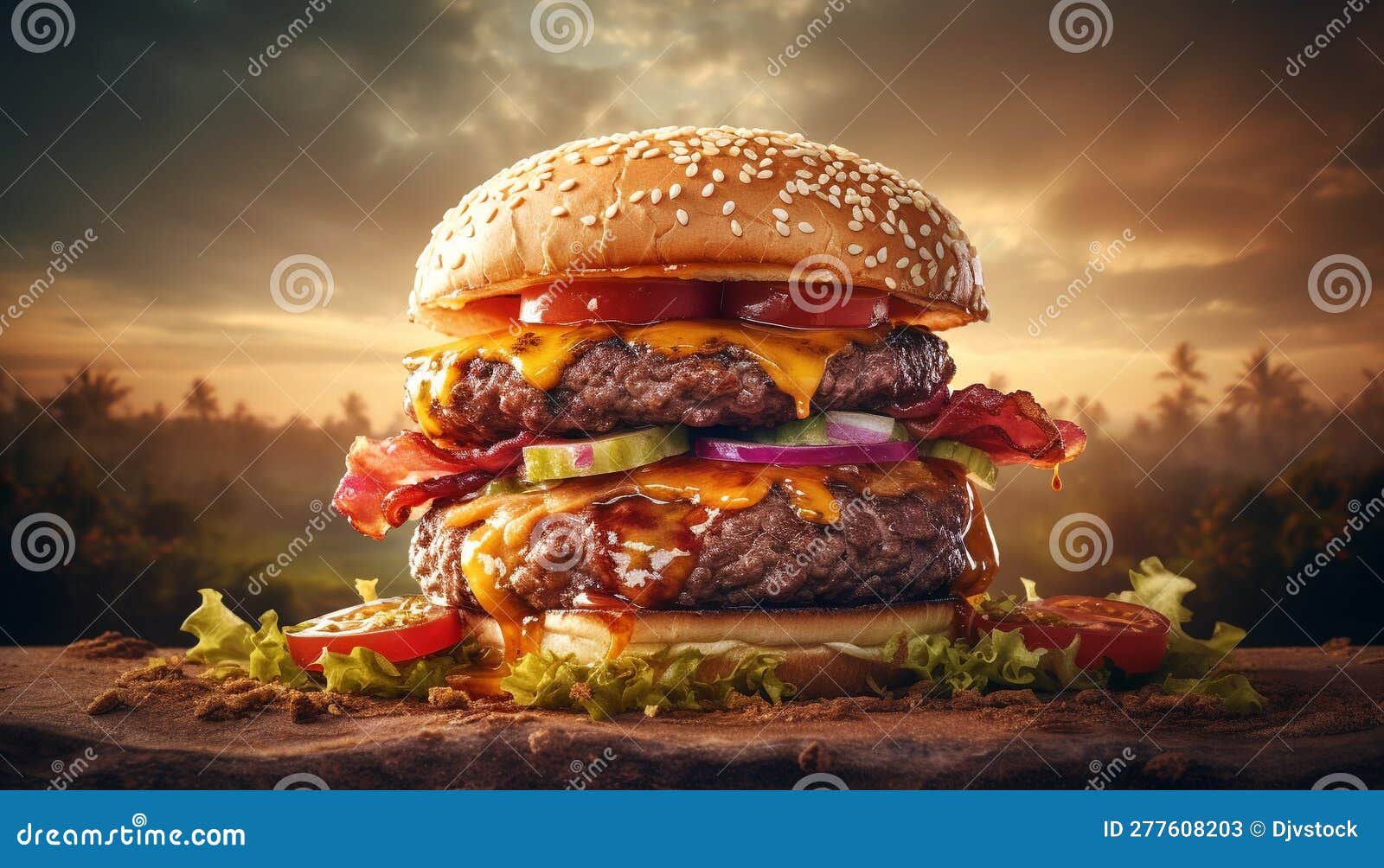 Grilled Beef Burger with Melted Cheddar Cheese Generated by AI Stock