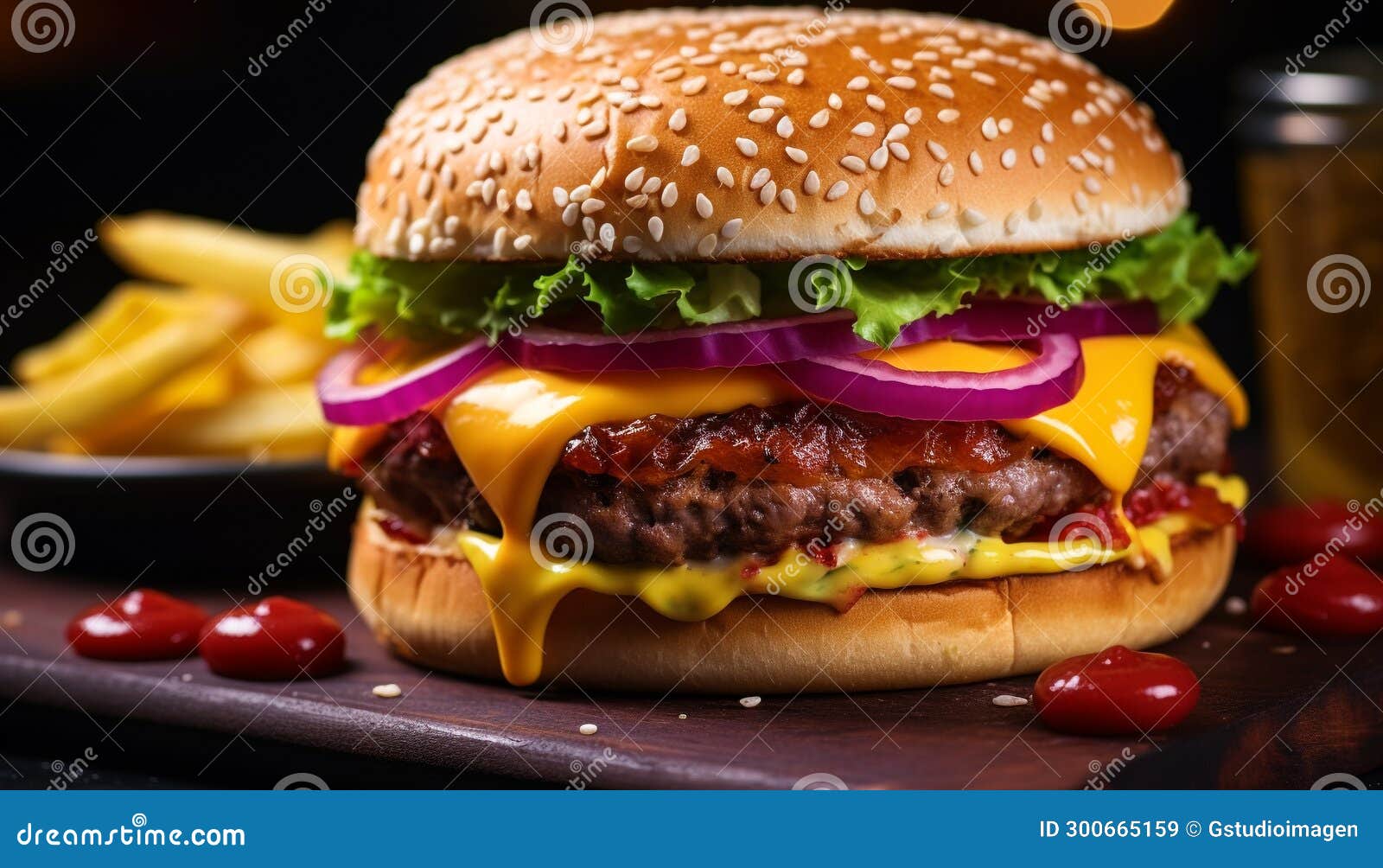 Grilled Beef Burger with Melted Cheddar Cheese Generated by AI Stock