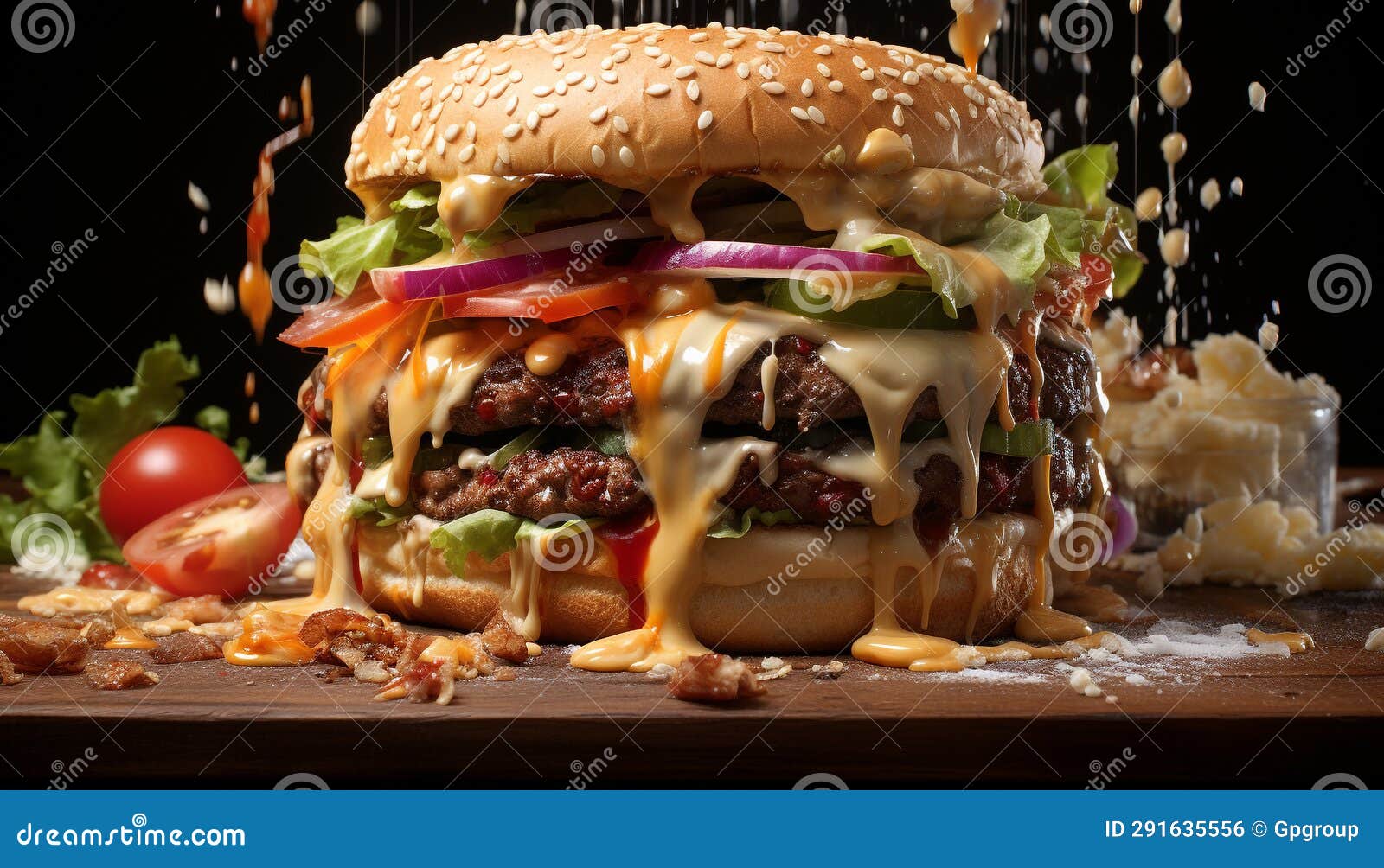 Grilled Beef Burger with Tomato, Onion, and Melted Cheddar Cheese