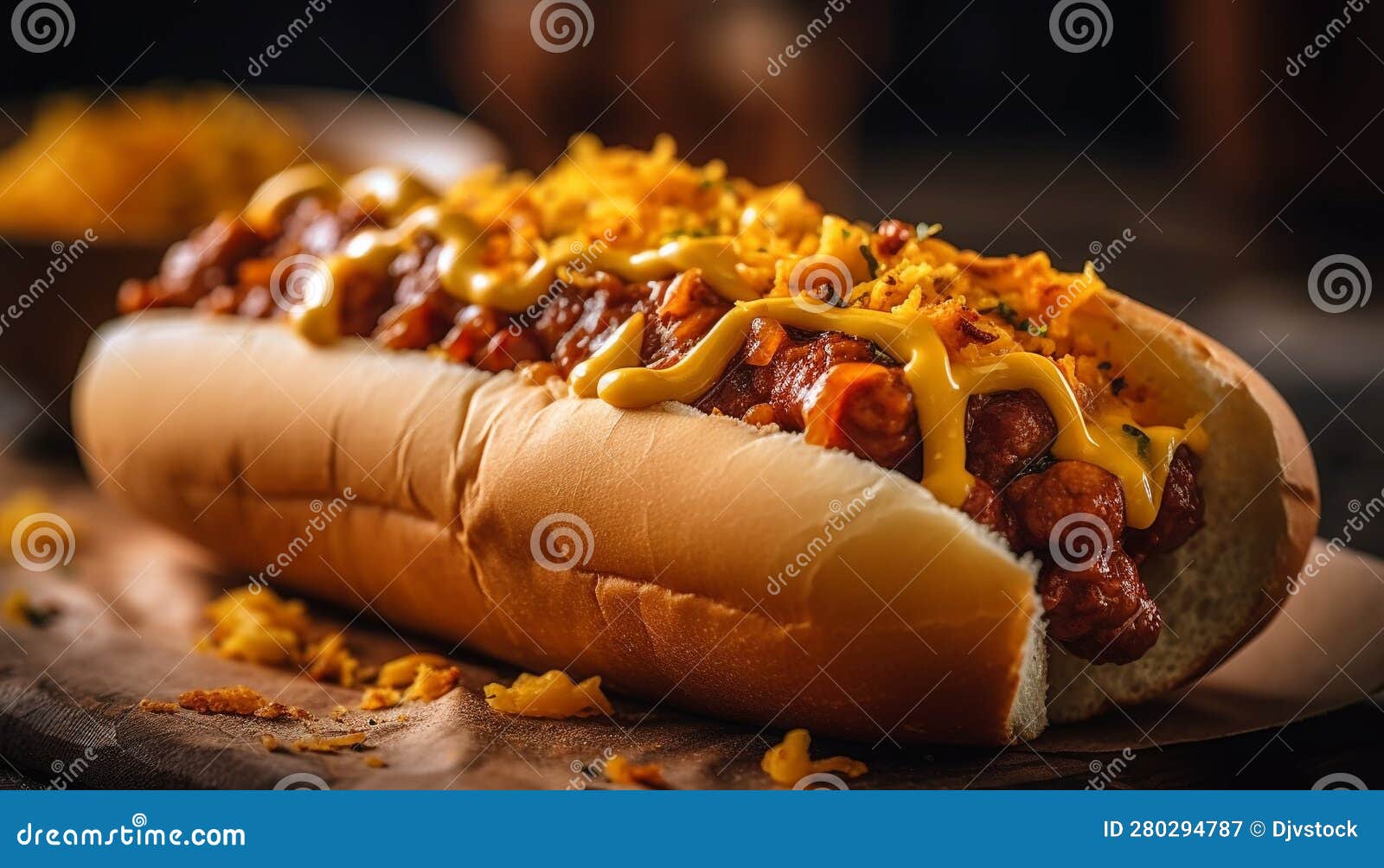 Grilled Beef Hot Dog with Ketchup on Rustic Bun Generated by AI Stock