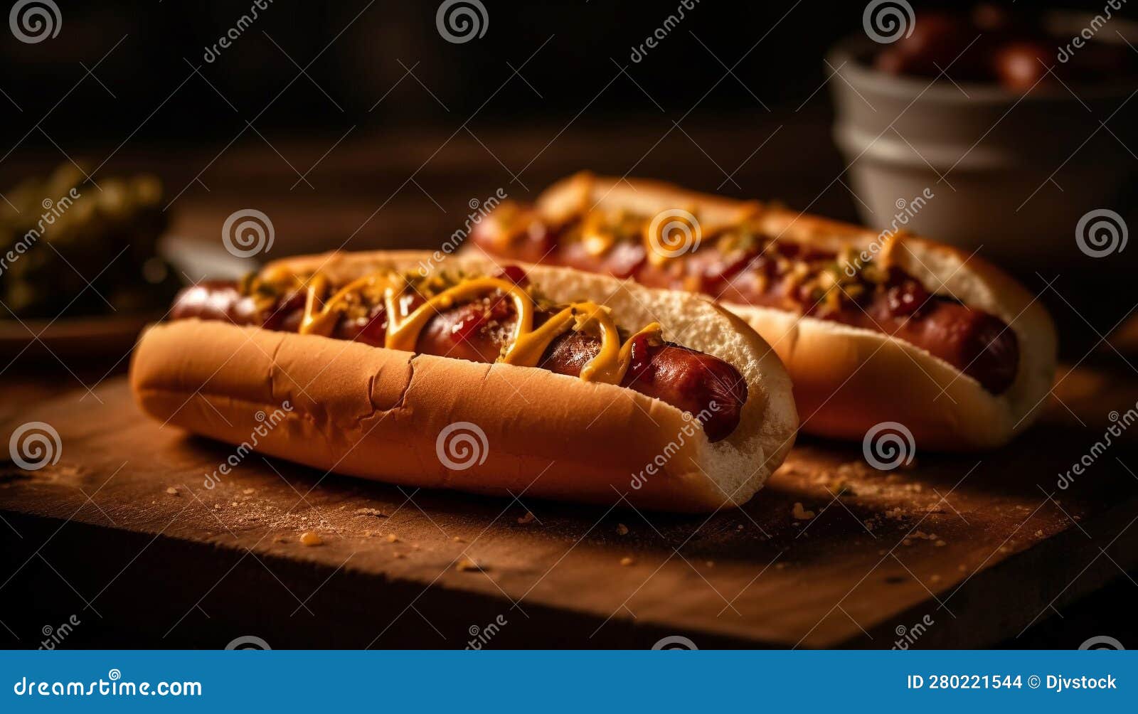 Grilled Beef Hot Dog on Rustic Bun with Ketchup and Fries Generated by