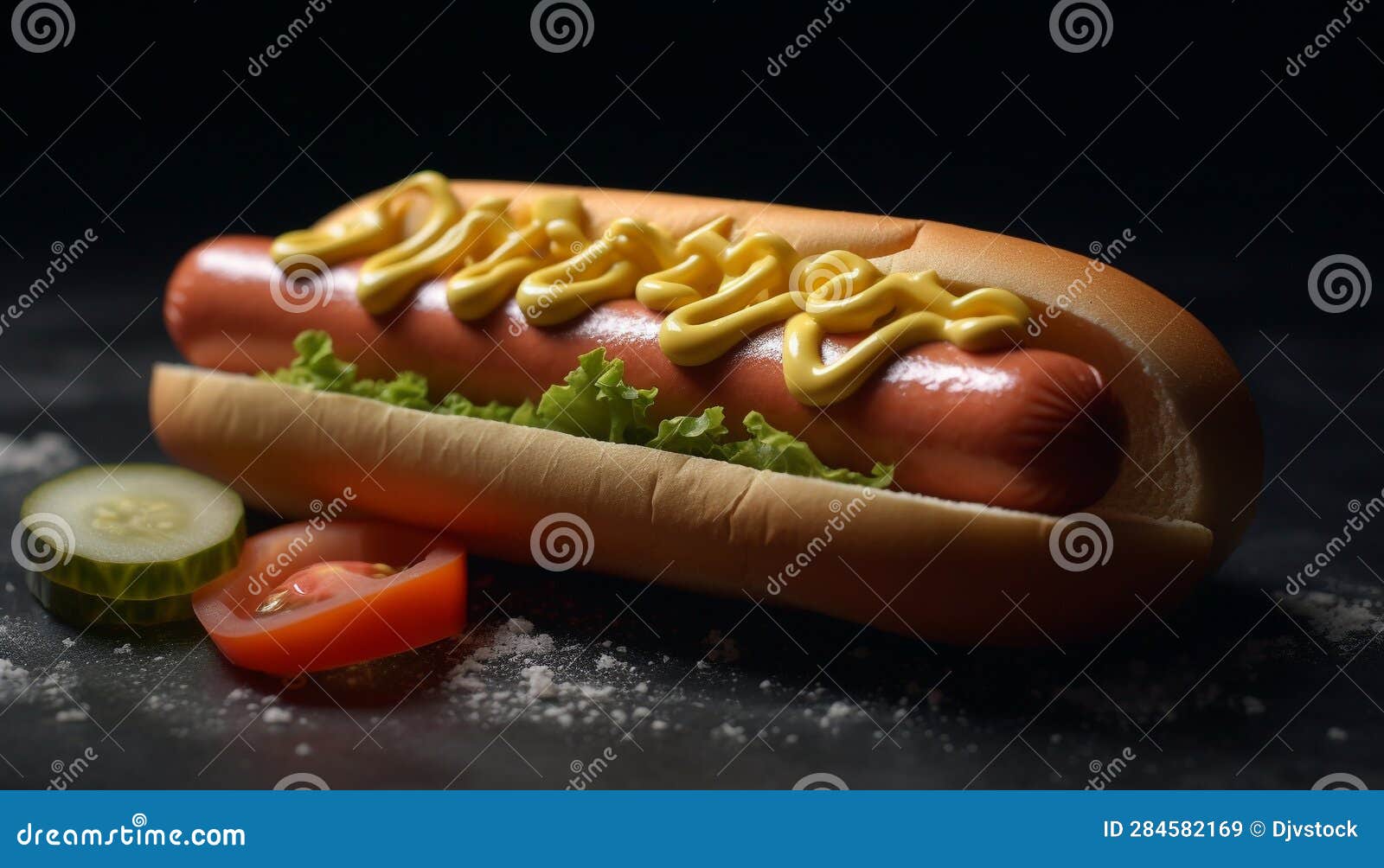 Grilled Beef and Pork Hot Dog on Bun with Ketchup Generated by AI Stock