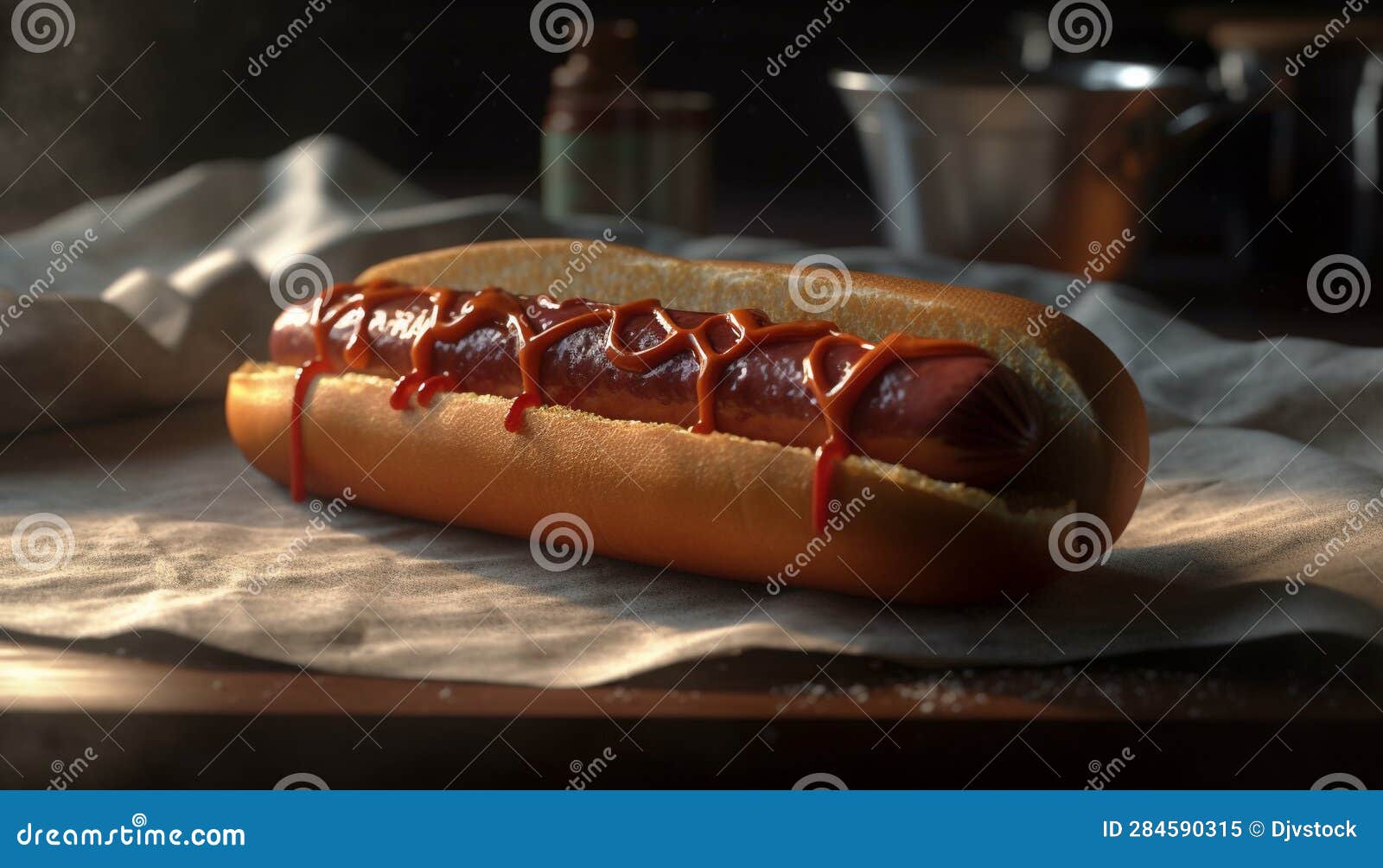 Grilled Beef and Pork Hot Dog on Rustic Bread with Ketchup Generated by