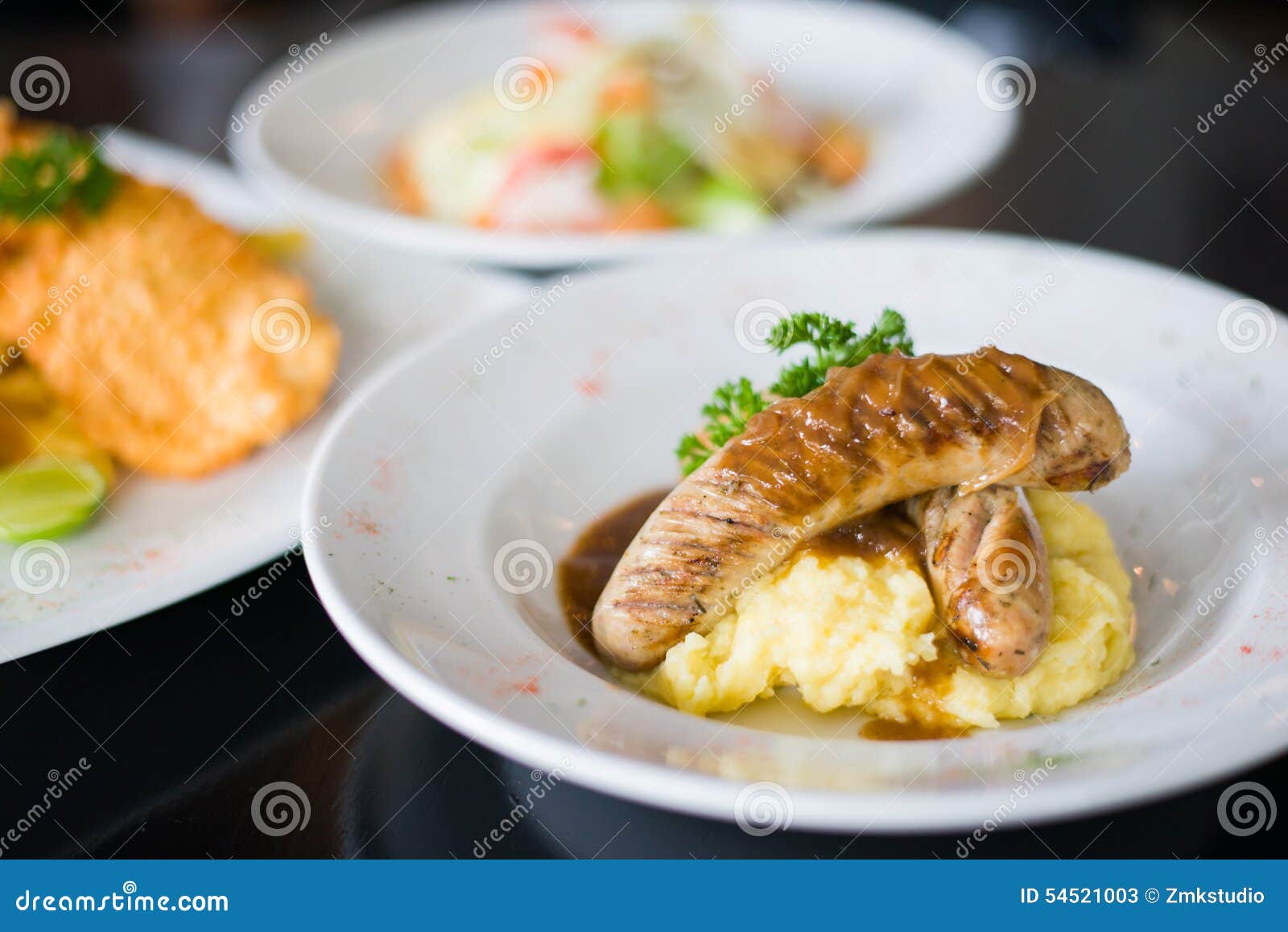 Grilled Beef Sausages with Mashed Potato Stock Image Image of